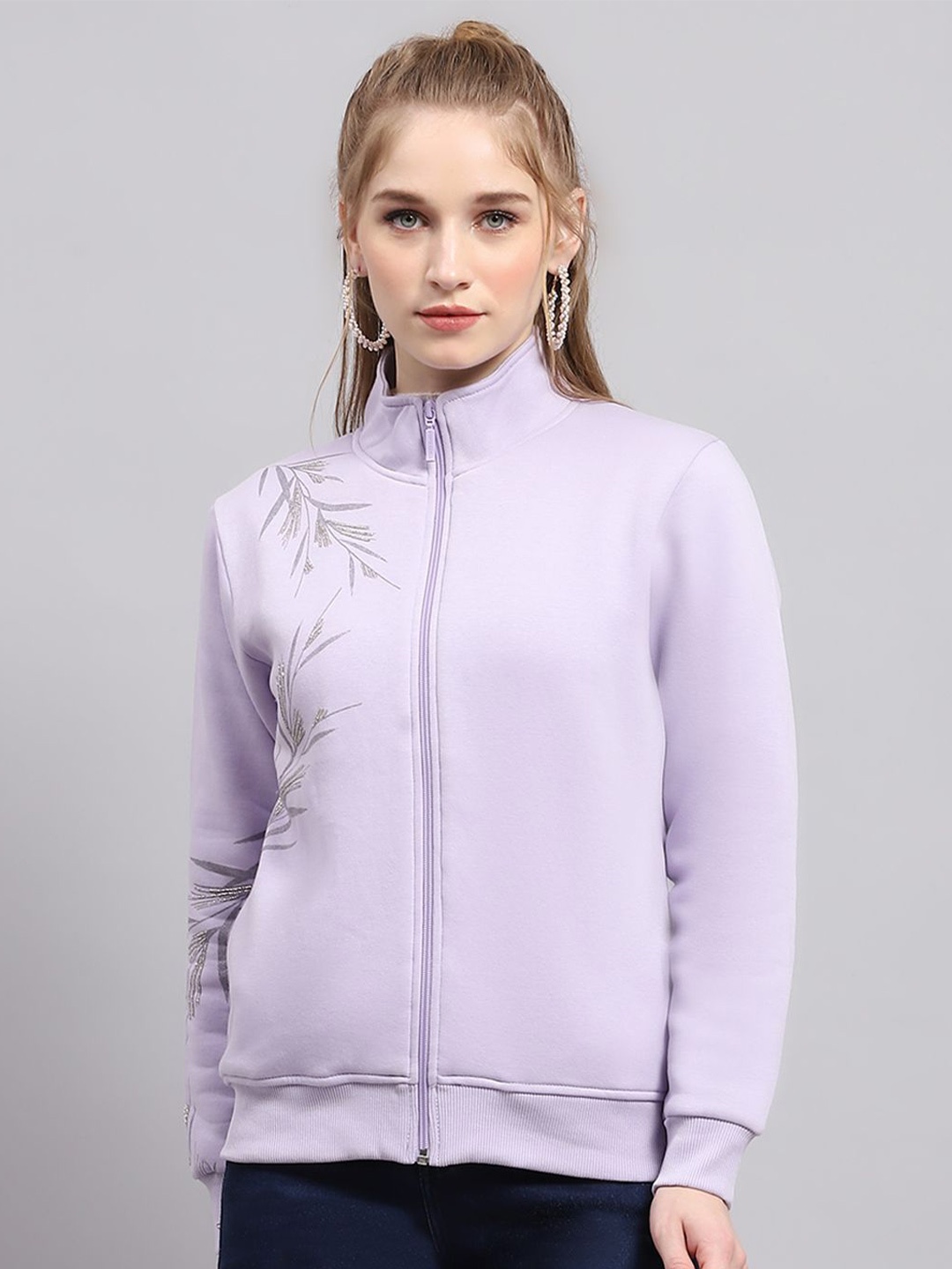 

Monte Carlo Women lavender Cotton Mock Collar Long Sleeves Printed Sweatshirt