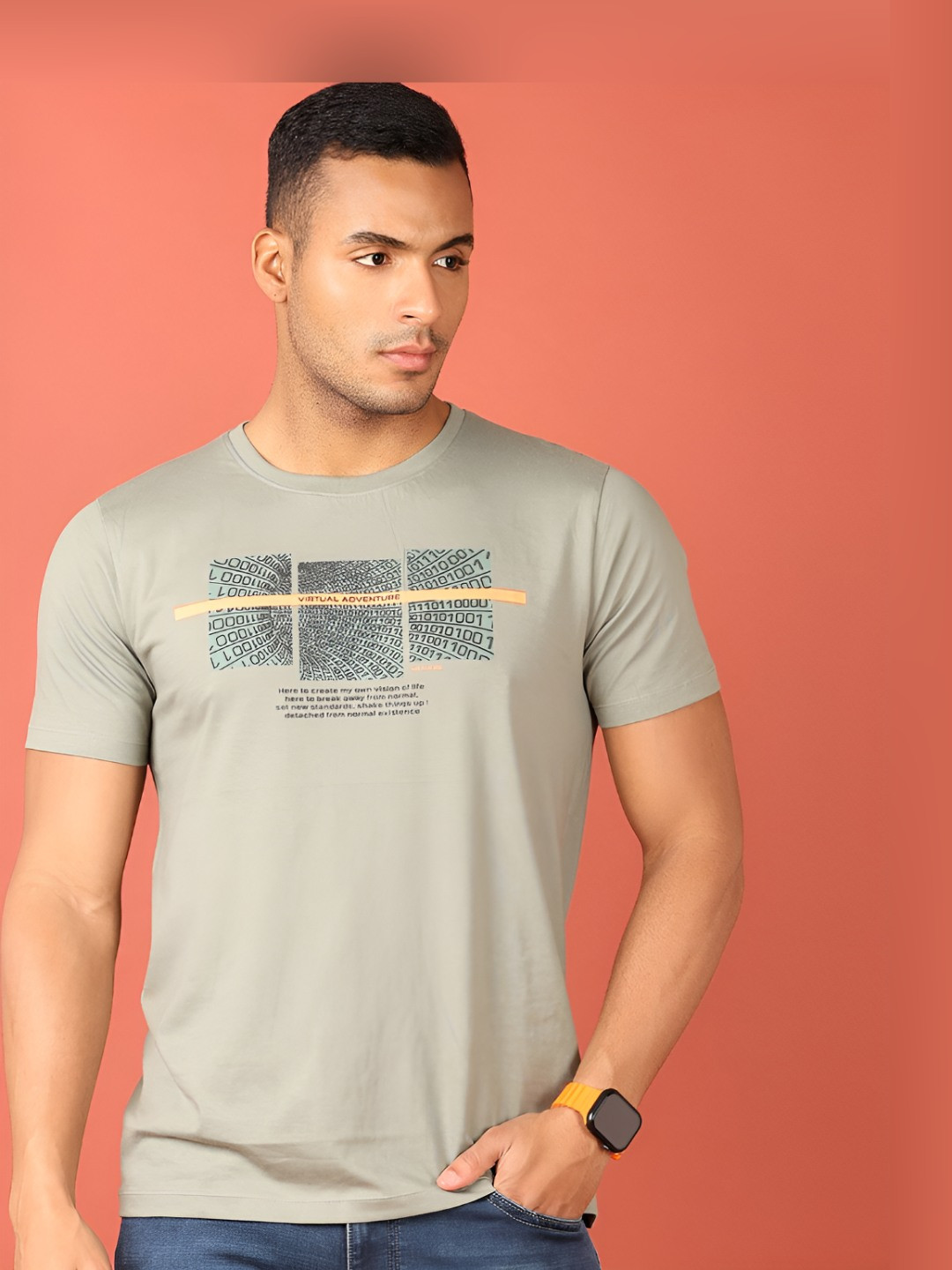 

V-Mart Men Typography Printed Round Neck Cotton Slim Fit T-shirt, Green