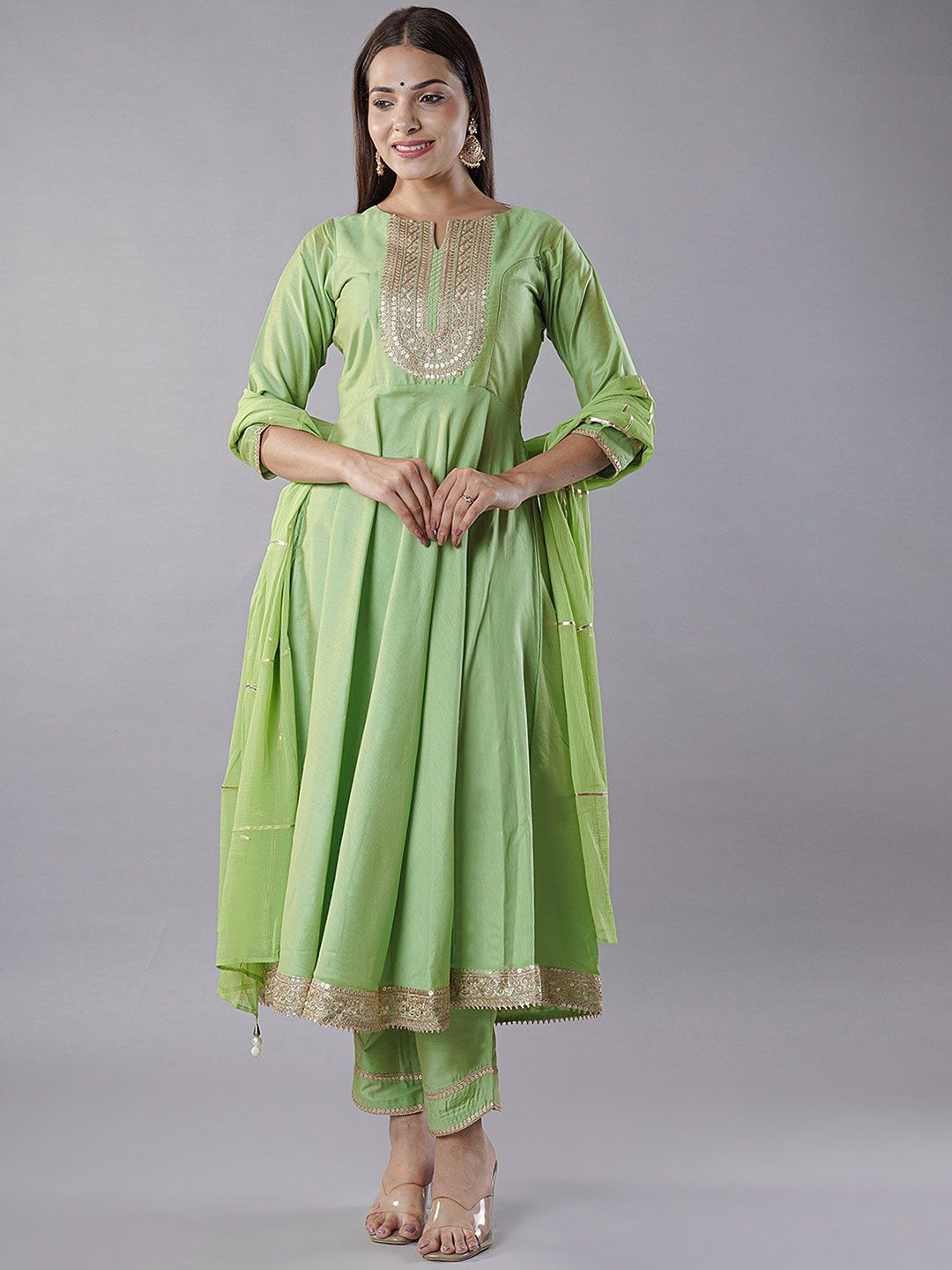 

Utsav Fashion Ethnic Motifs Embroidered Sequinned Cotton Silk Kurta & Trouser & Dupatta, Green