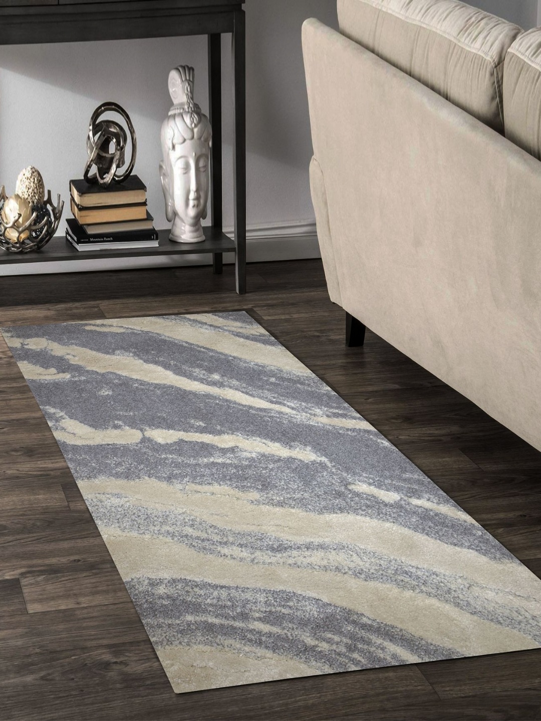 

OBSESSIONS Silvertoned & Grey Printed Bedside Runner, Silver