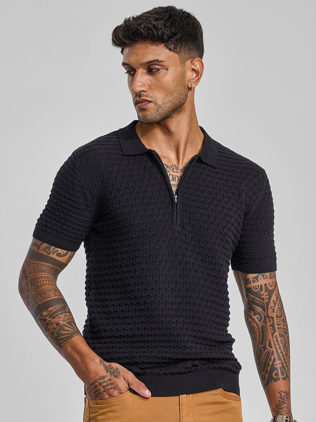 

Snitch Men Self Design Polo Collar Cotton Slim Fit T-shirt, Navy blue