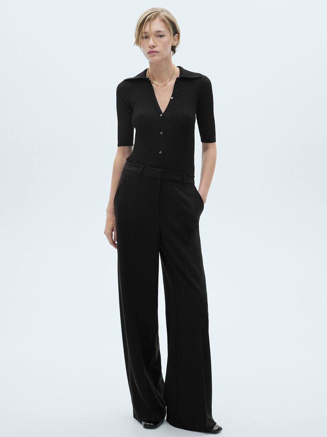 

MANGO Spread Collar Ribbed-Detail Basic Jumpsuit, Black