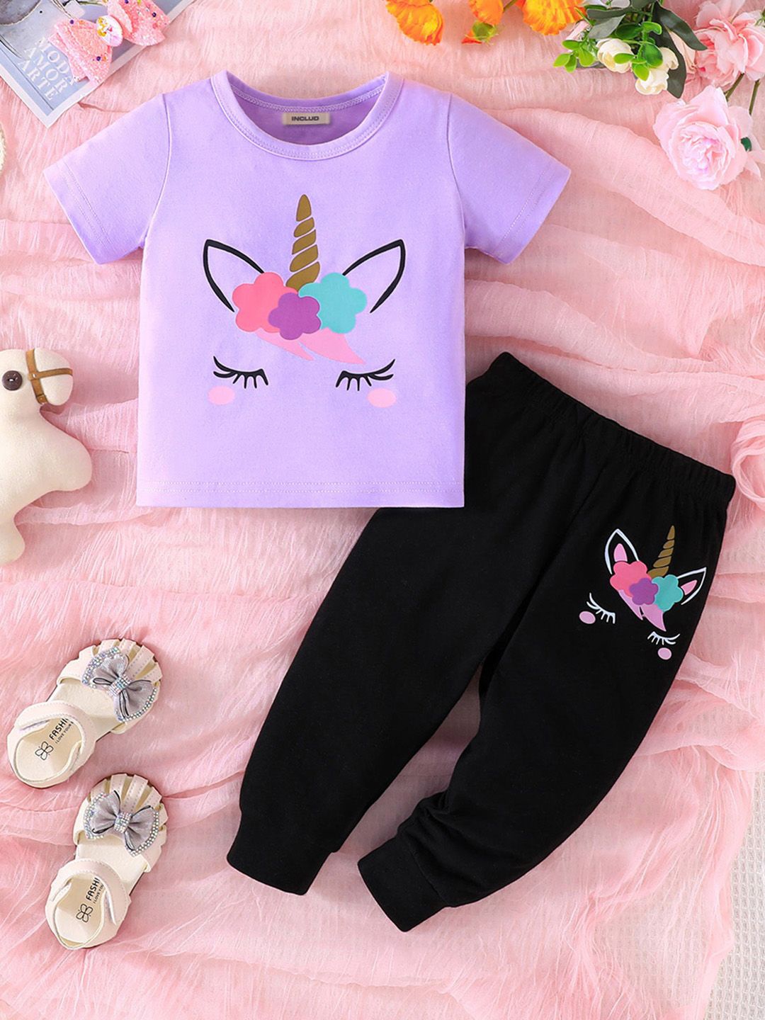 

INCLUD Girls Printed Round Neck Short Sleeves T-Shirt With Jogger, Purple