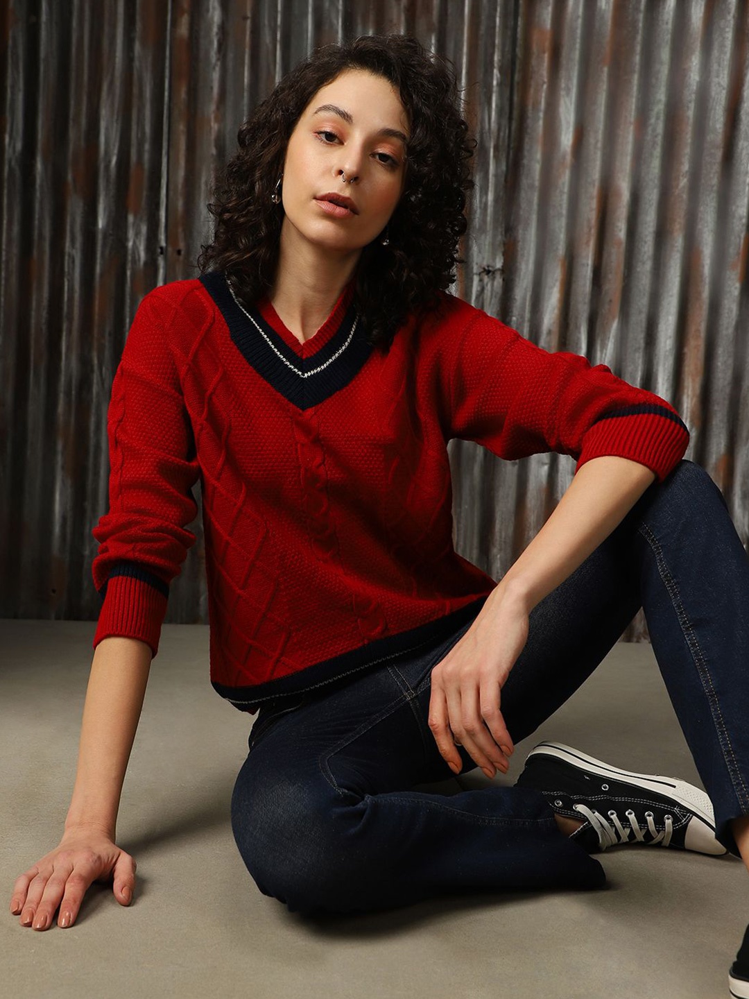 

High Star Women Cable Knit Vest Sleeveless Varsity Pullover, Red