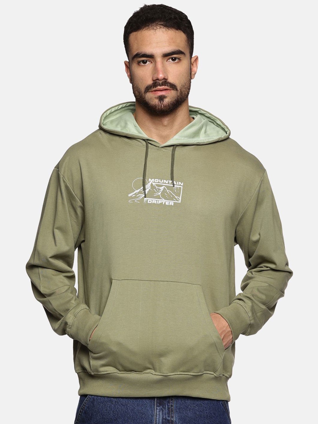 

The Roadster Lifestyle Co Men Printed Cotton Relaxed Fit Hooded Sweatshirts, Olive