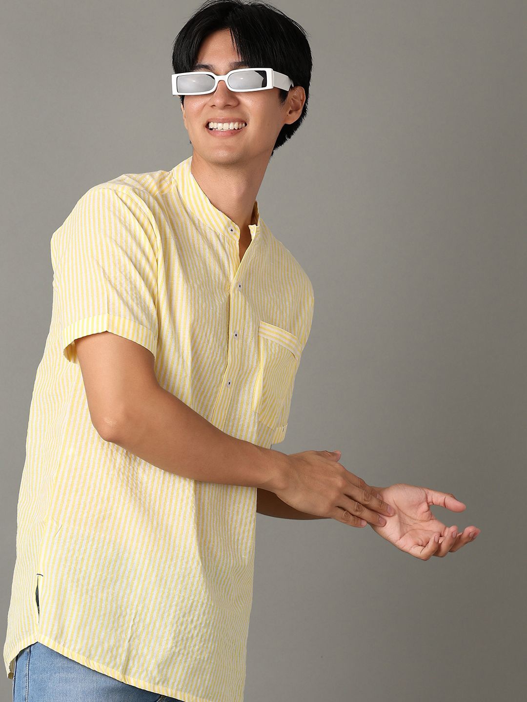 

V-Mart Men Band Collar Vertical Striped Cotton Casual Shirt, Yellow