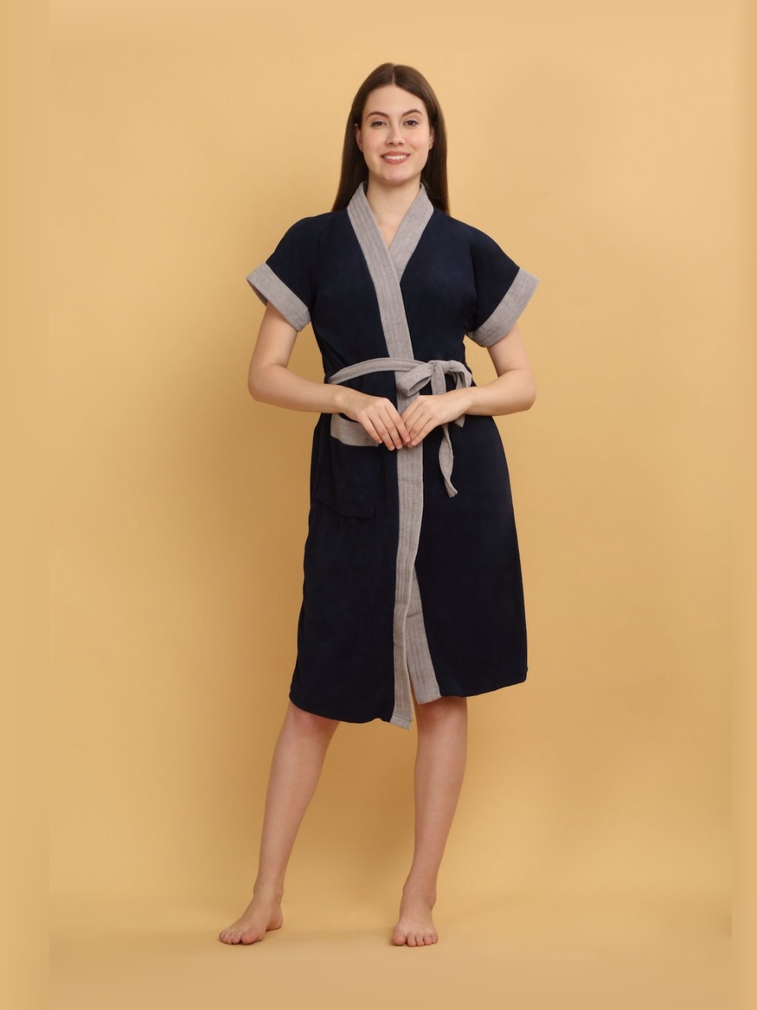 

Creeva Unisex Kimono Collar Terry Cotton Bath Robe, Navy blue