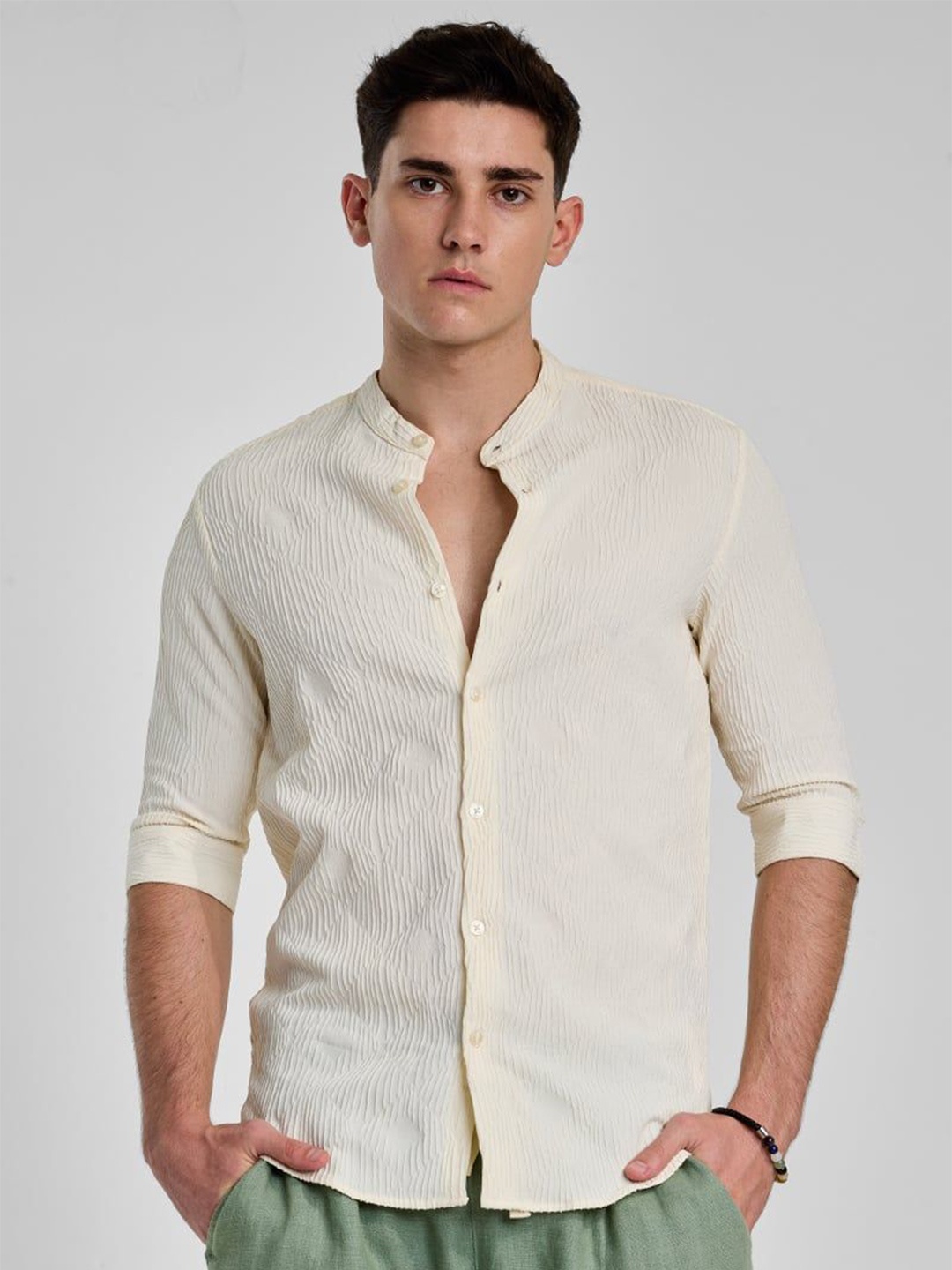 

Snitch Men Smart Band Collar Textured Casual Shirt, Beige