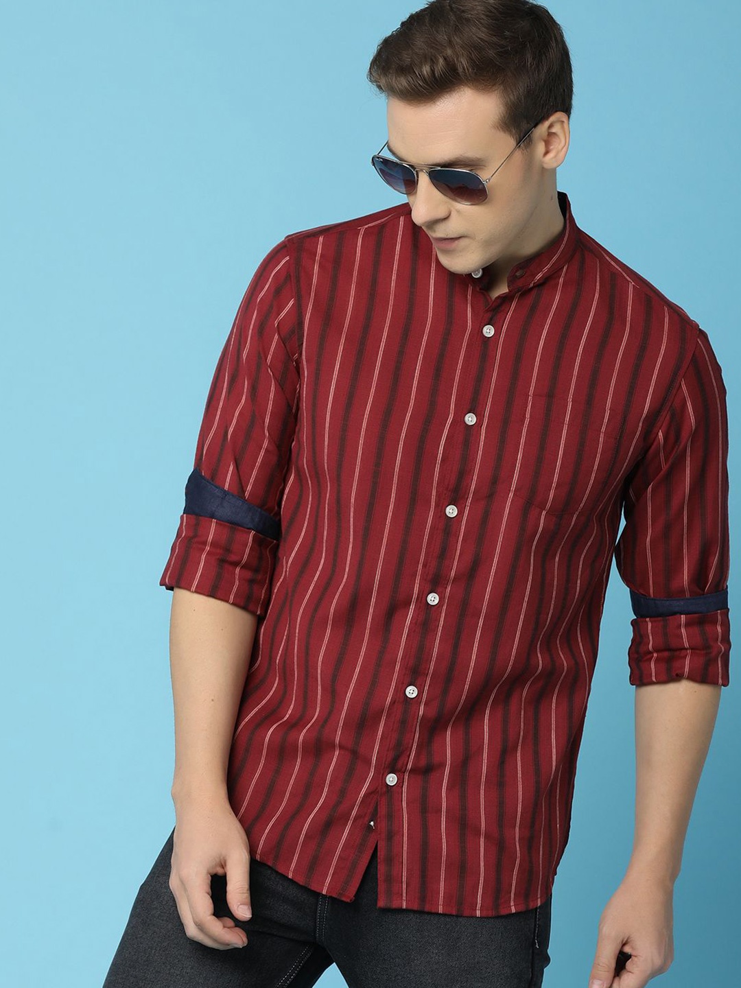 

V-Mart Men Band Collar Vertical Striped Cotton Casual Shirt, Red