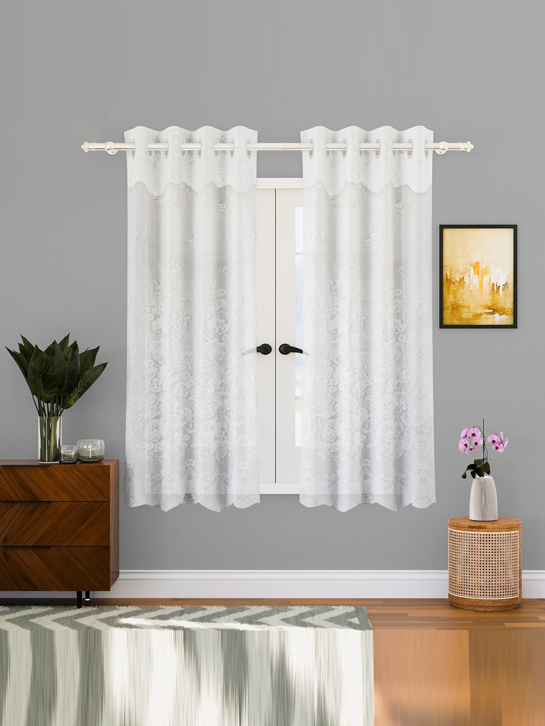 

Kuber Industries White 2 Pieces Self Design Cotton Window Curtains