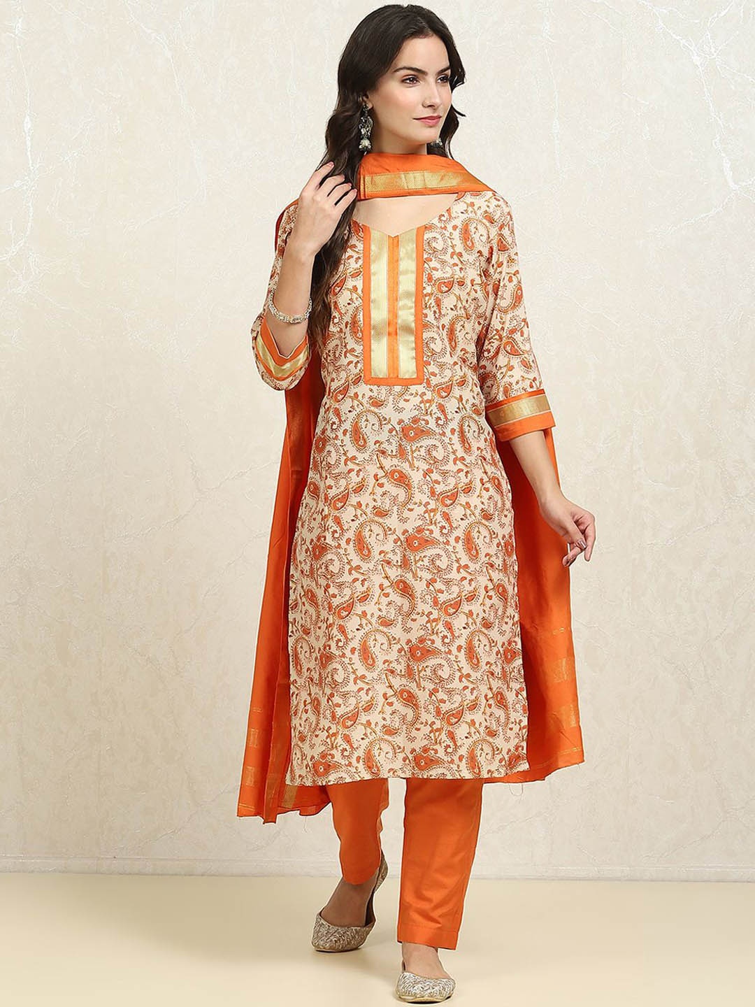 

Biba Paisley Printed Pure Cotton Unstitched Dress Material, Orange