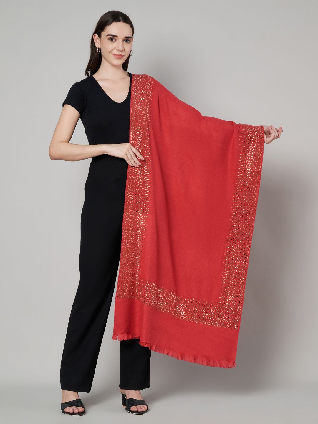 

MUFFLY Women Embellished Border Stole, Red