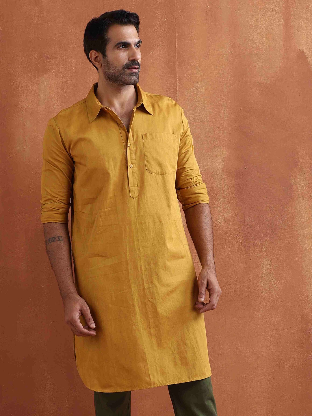

trueBrowns Shirt Collar Cotton Straight Kurta, Mustard
