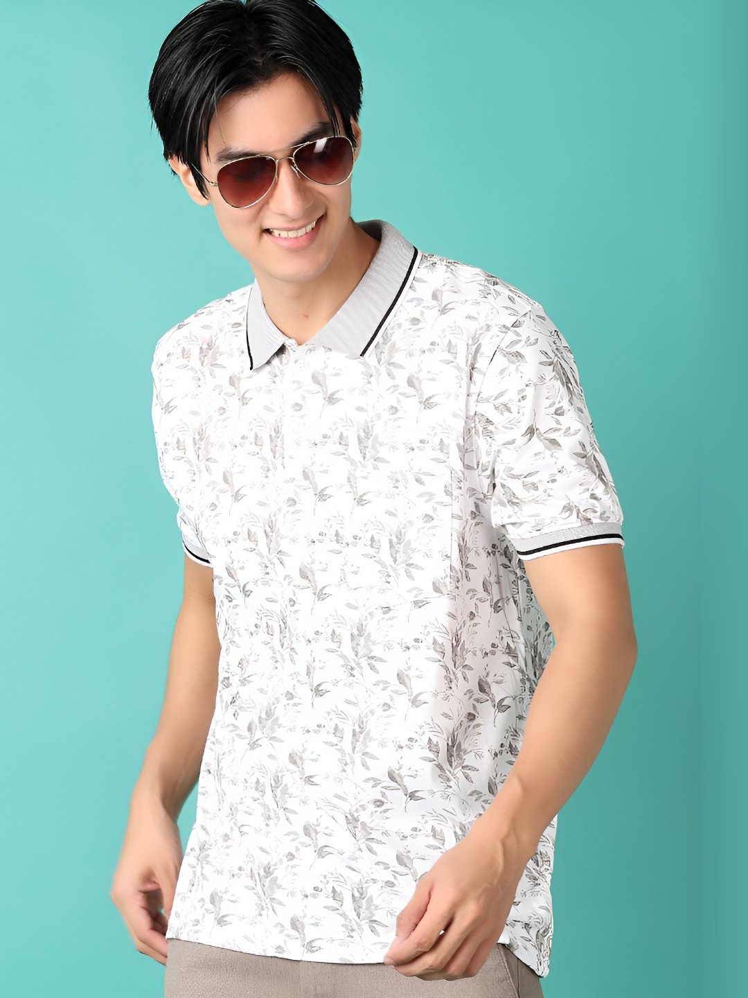 

V-Mart Men Floral Printed Polo Collar Cotton T-shirt, White