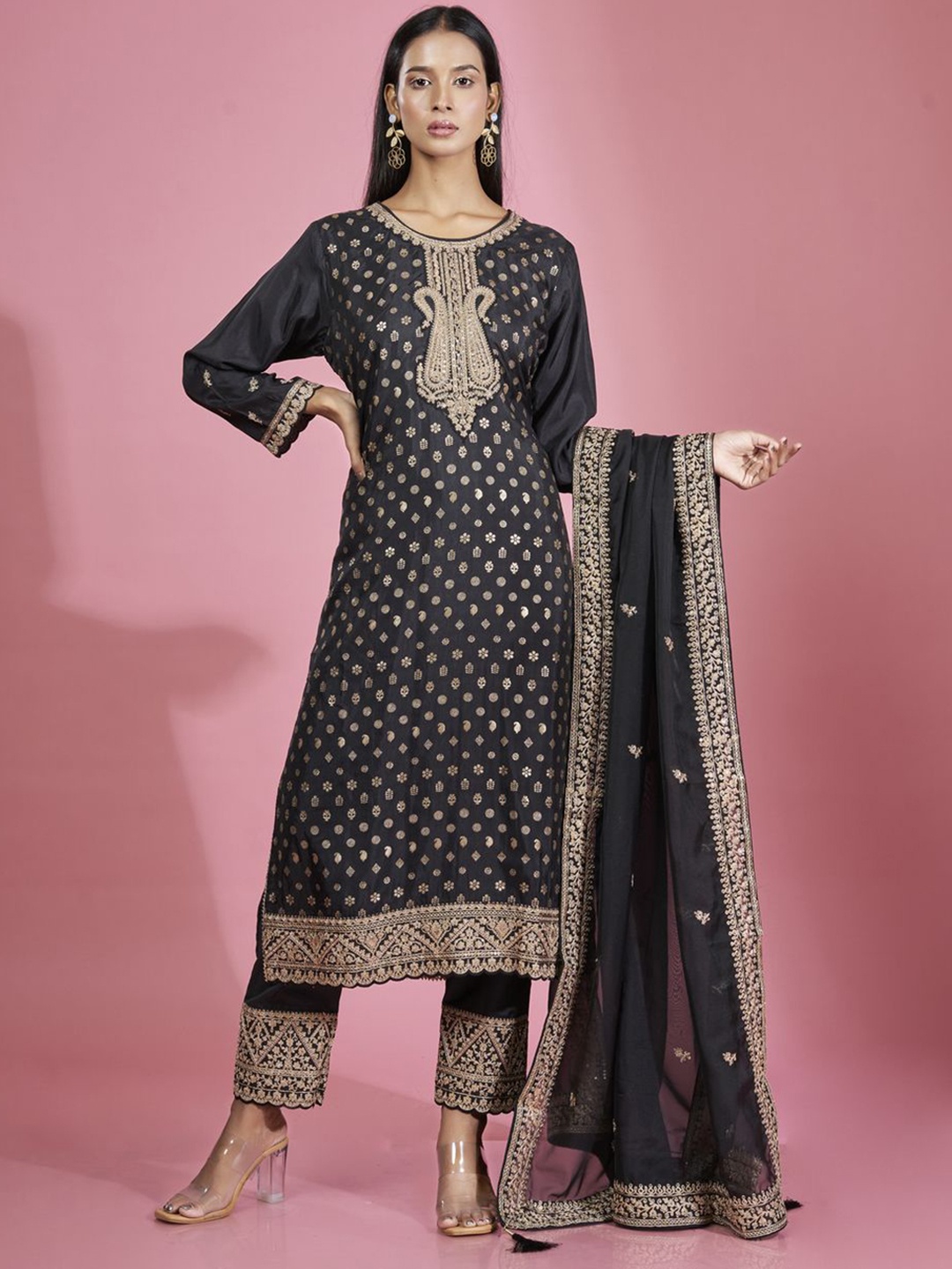 

ISHKIYA Floral Thread Work Pure Silk Kurta with Trouser & Dupatta, Black