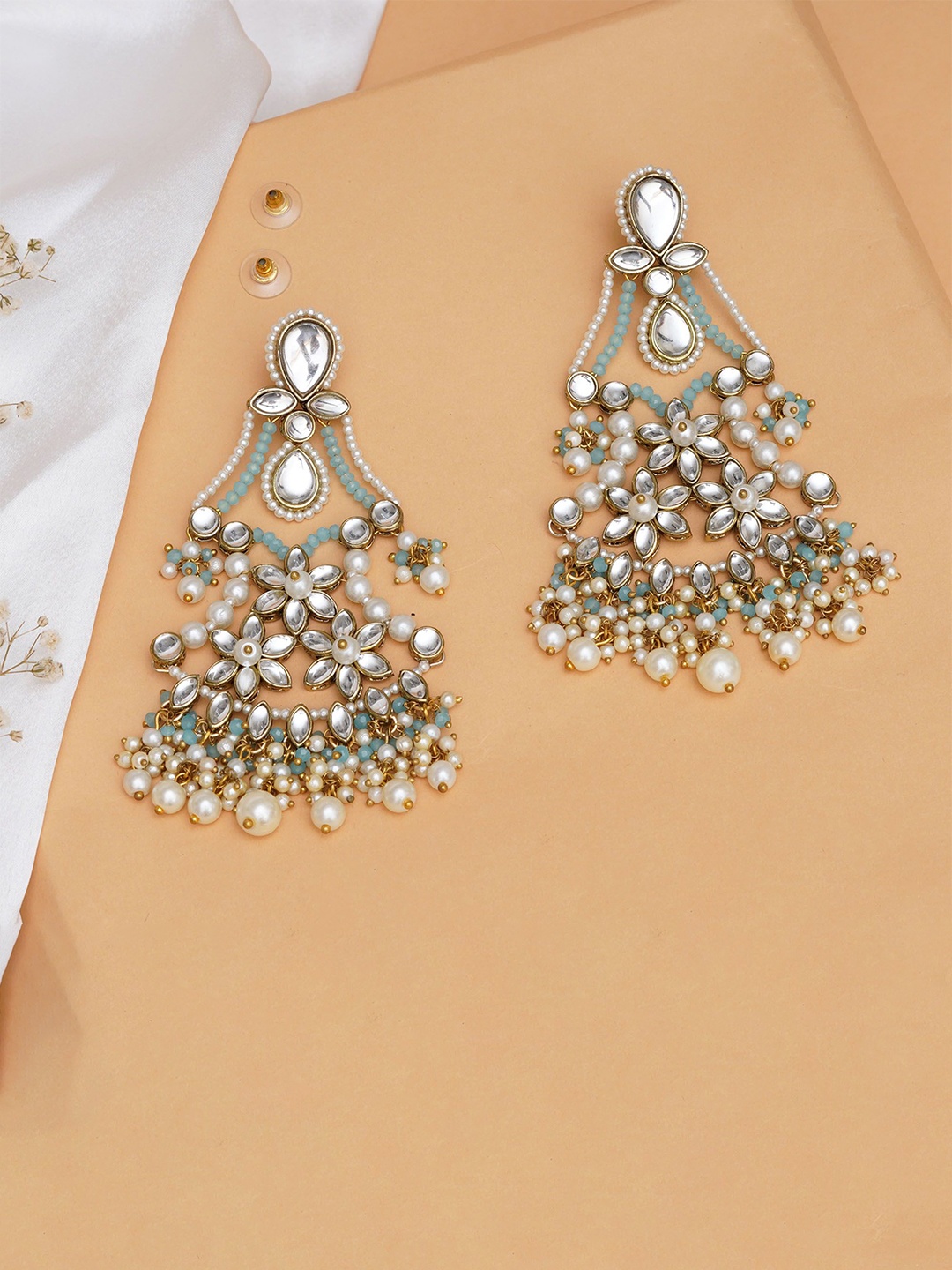 

BeAbhika Gold-Plated Floral Design Kundan Stone Studded & Pearls Beaded Drop Earrings