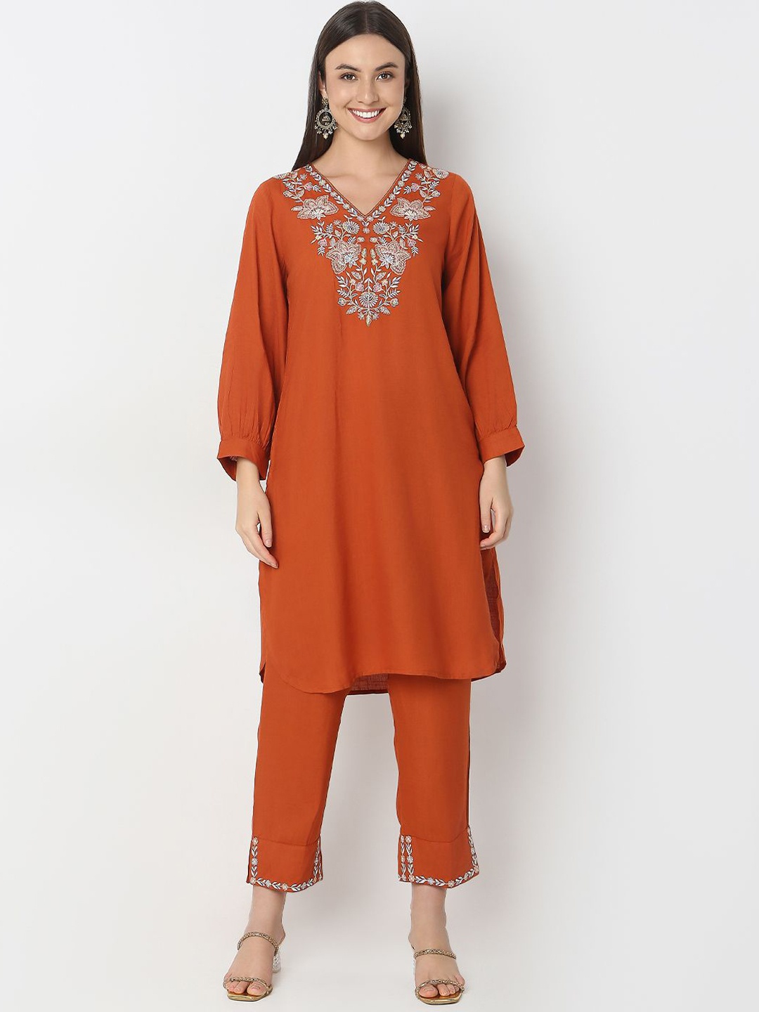 

Ethnicity Floral Yoke Design Thread Work Straight Kurta With Trousers, Orange