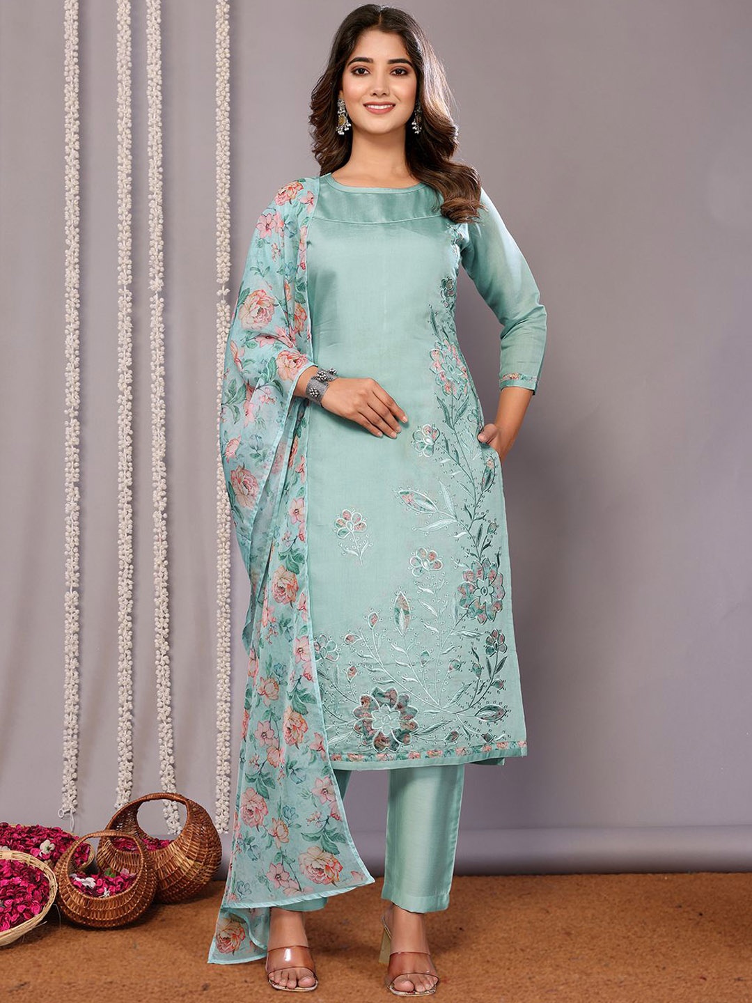 

Royal Export Floral Embroidered Straight Kurta with Trousers & Dupatta, Blue