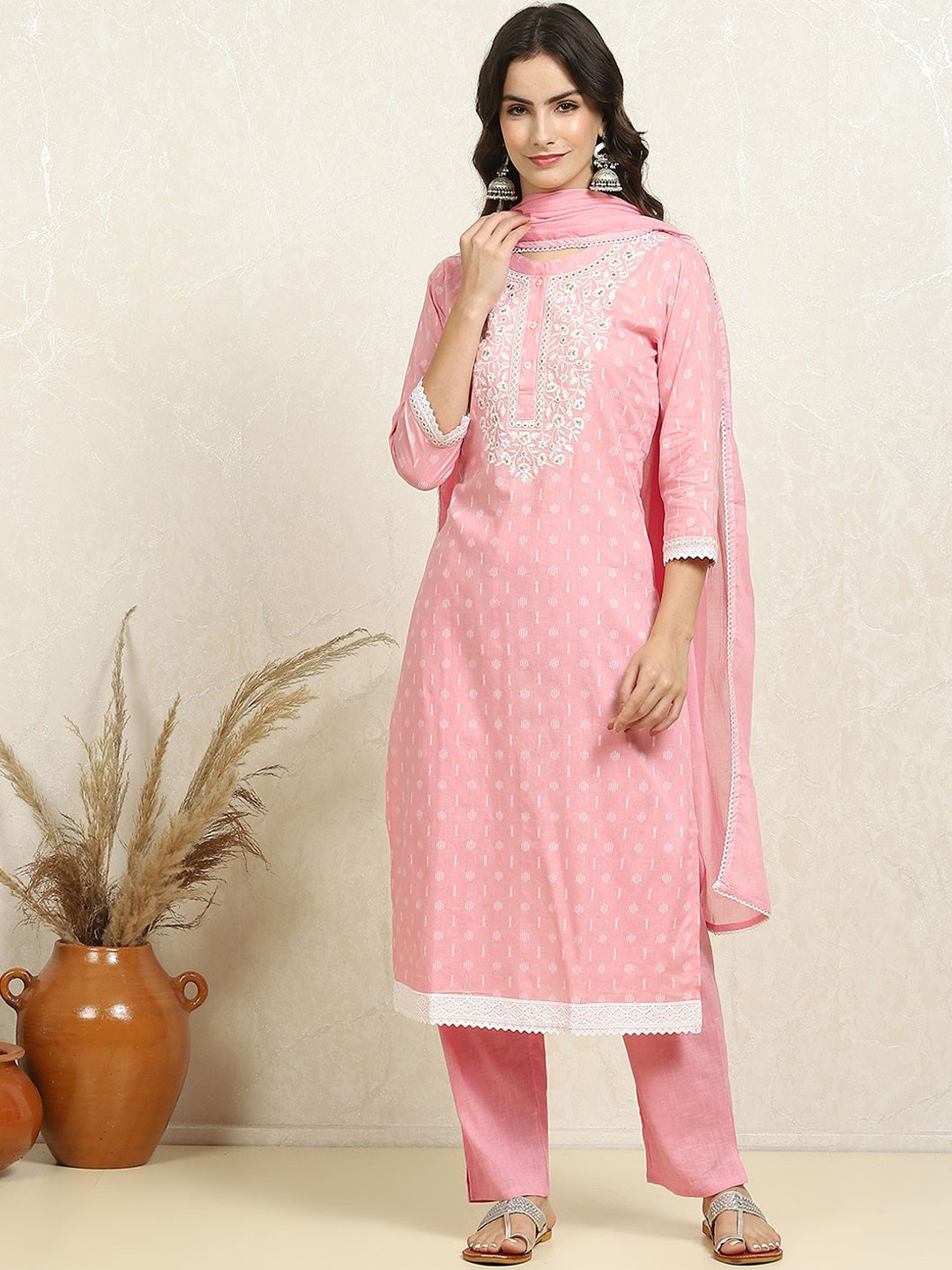 

Biba Floral Embroidered Mirror Work Pure Cotton Unstitched Dress Material, Pink