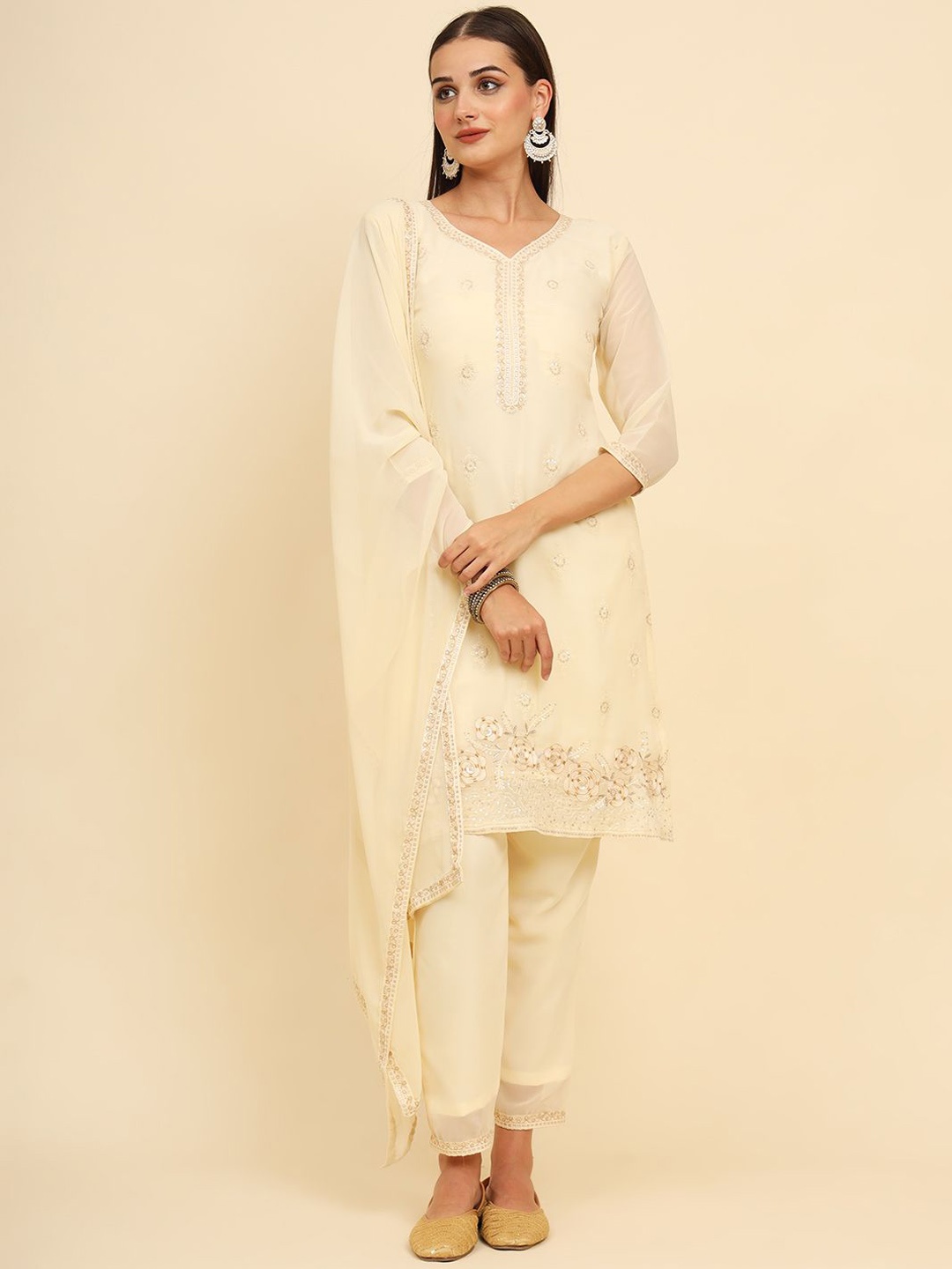 

HERE&NOW Floral Embroidered Regular Sequinned Straight Kurta with Palazzos & Dupatta, Off white