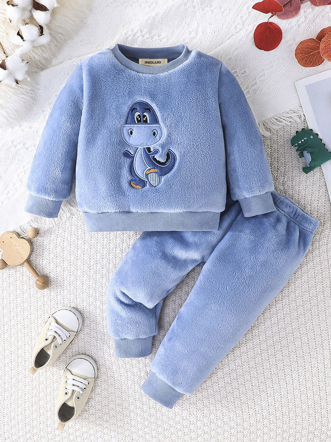 

INCLUD Boys Self Design Round Neck Long Sleeves Sweatshirt With Jogger, Blue