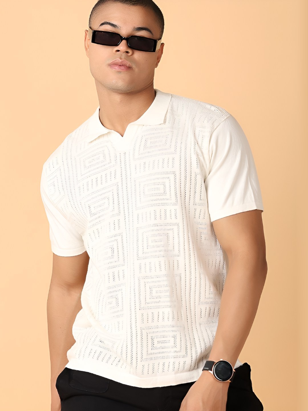 

V-Mart Men Self Design Polo Collar Cotton T-shirt, Off white