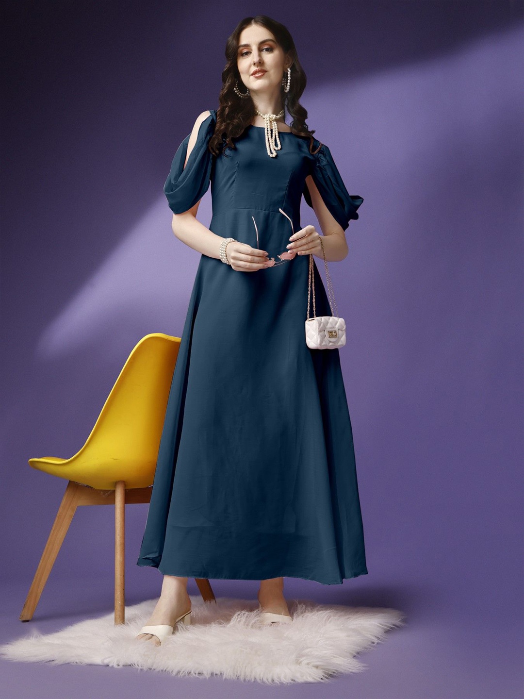 

Krunal Raiyani Georgette Solid Cold-Shoulder Sleeves Maxi Dress, Blue
