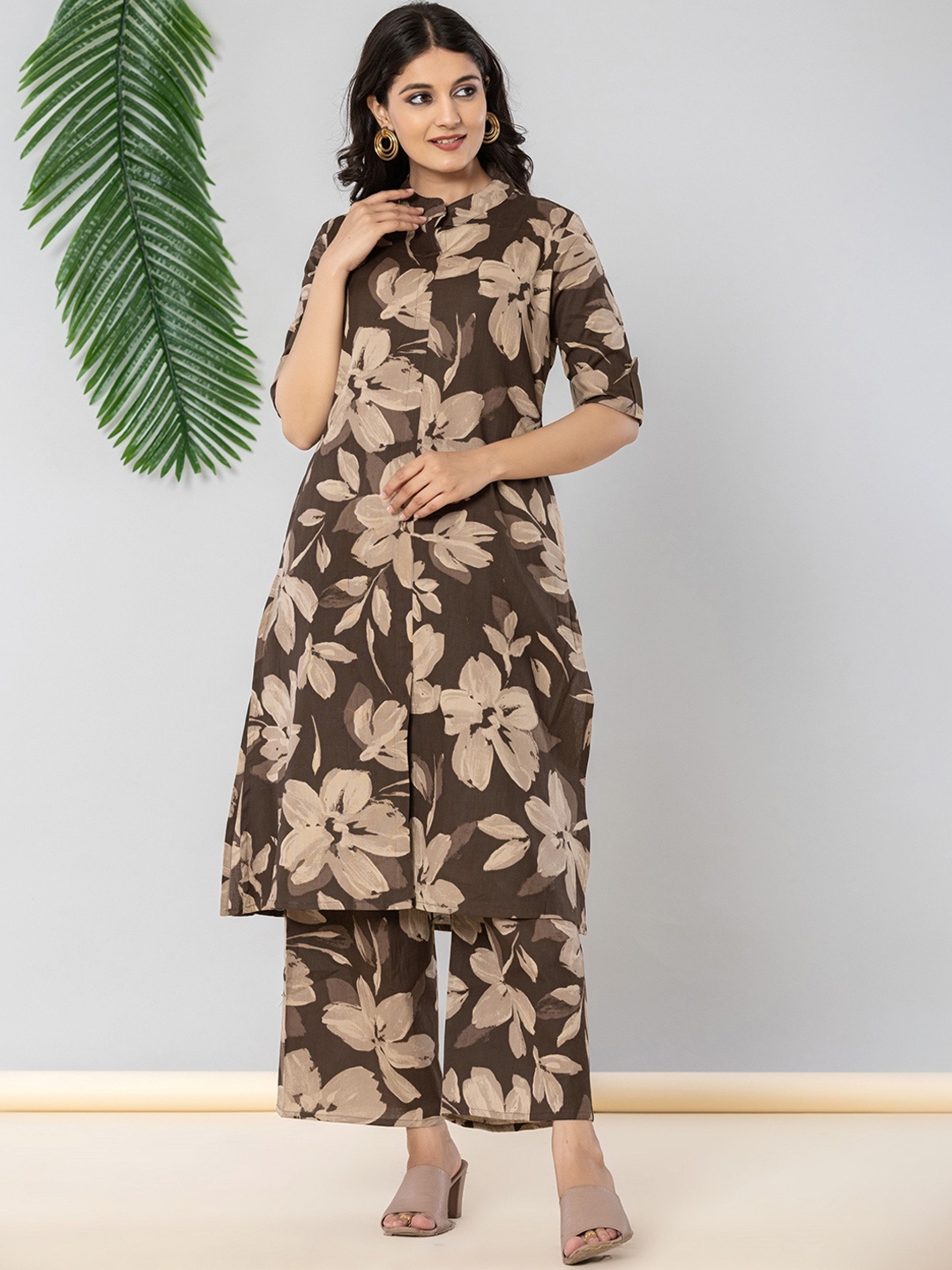 

JAIPURI BUNAAI Printed Kurta With Palazzo Co-Ords, Khaki