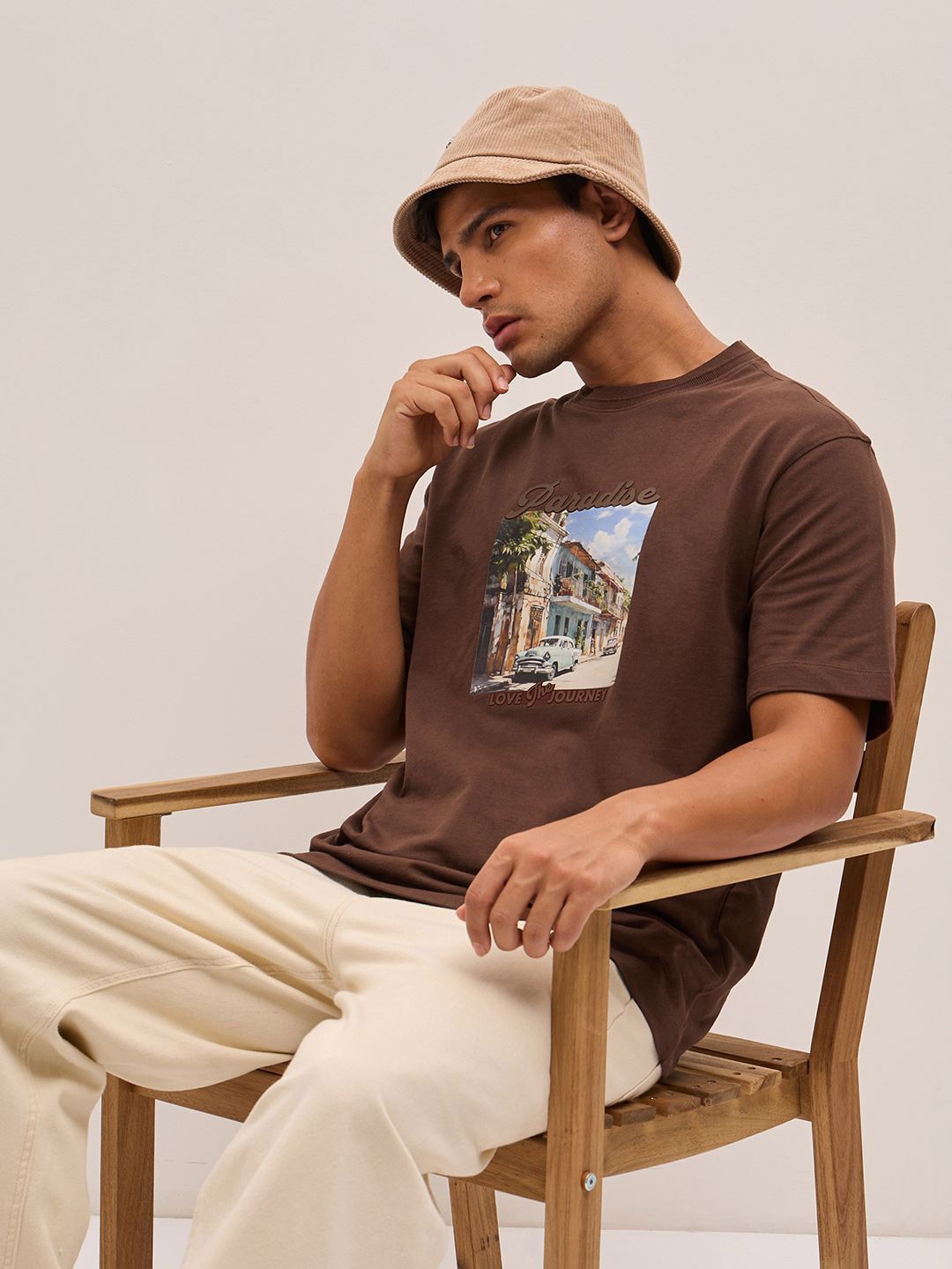 

THE BEAR HOUSE Men Graphic Printed Round Neck Cotton Oversized T-shirt, Brown