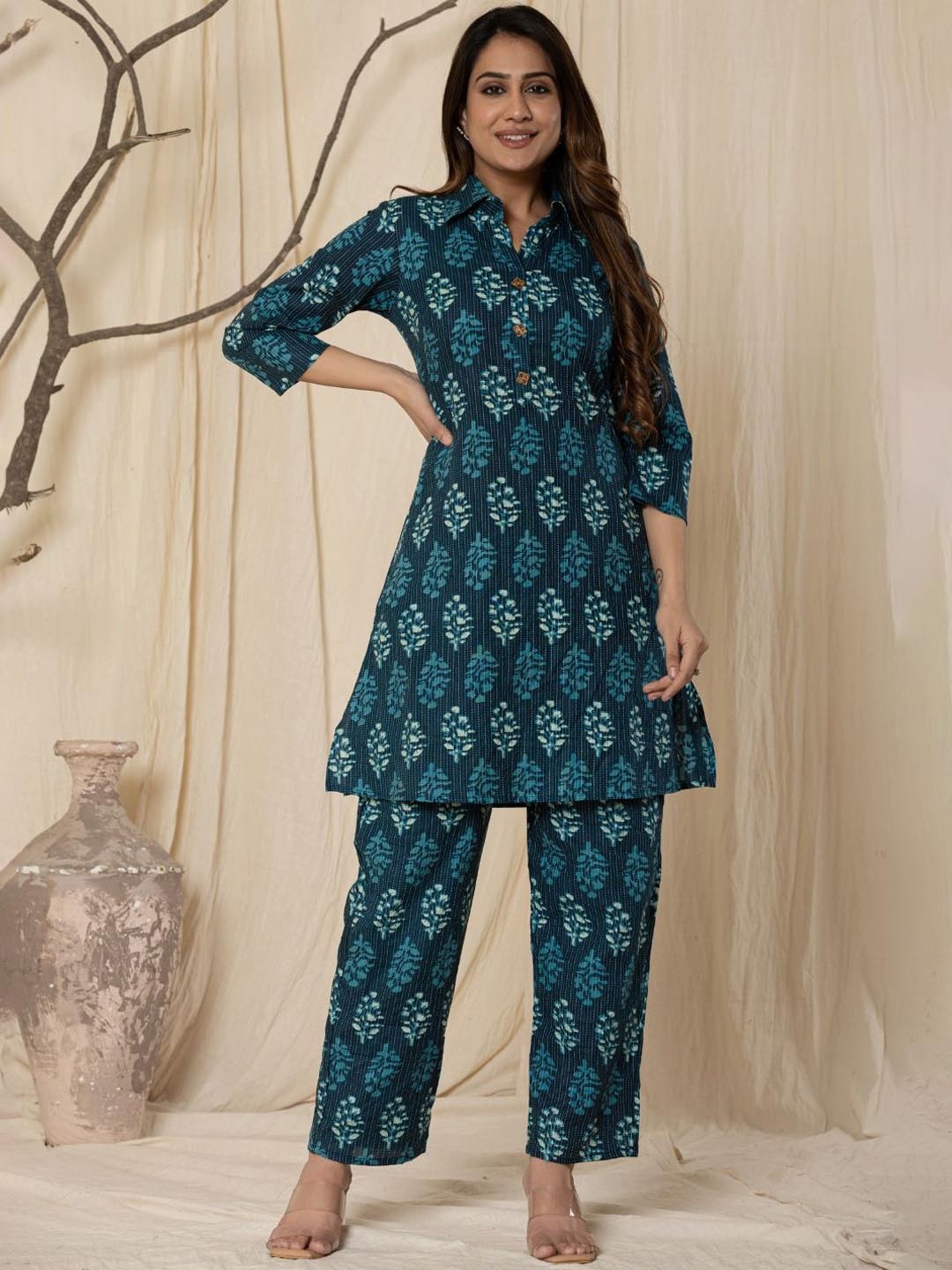 

VEDANA Printed Pure Cotton Tunic With Trousers Co-Ords, Blue