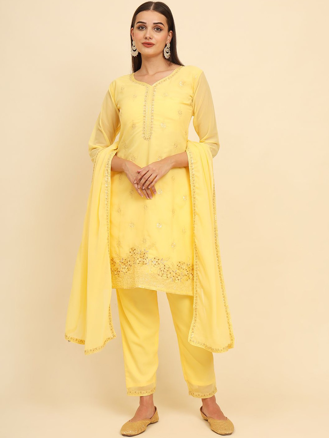 

HERE&NOW Yellow Floral Embroidered Straight Kurta With Palazzos & Dupatta