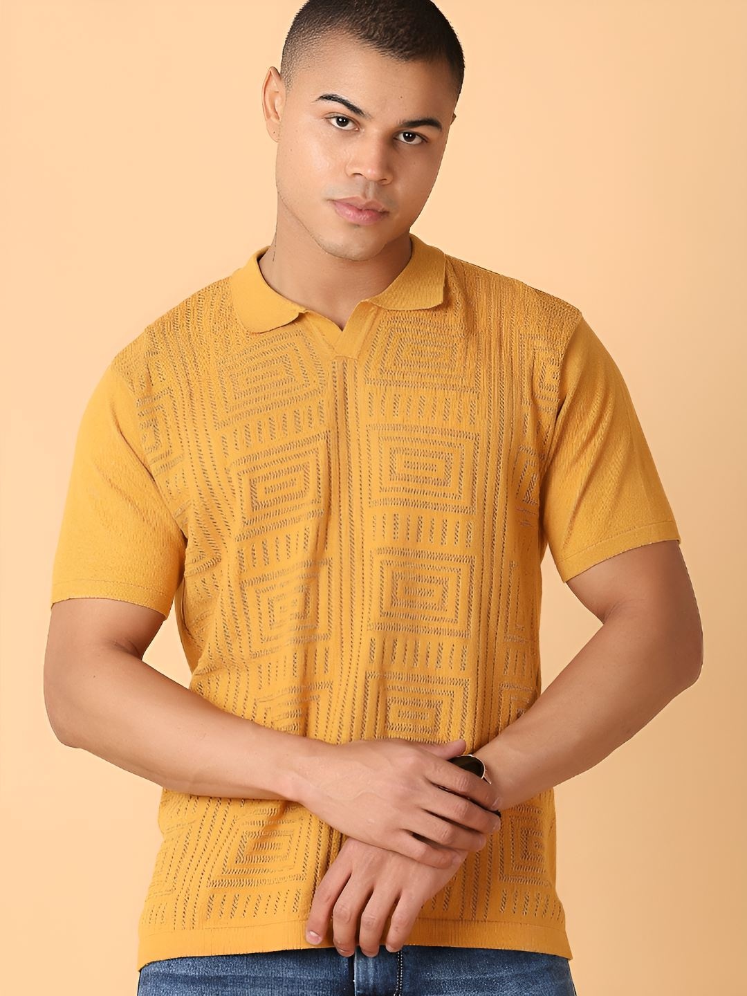 

V-Mart Men Self Design Polo Collar Cotton T-shirt, Mustard