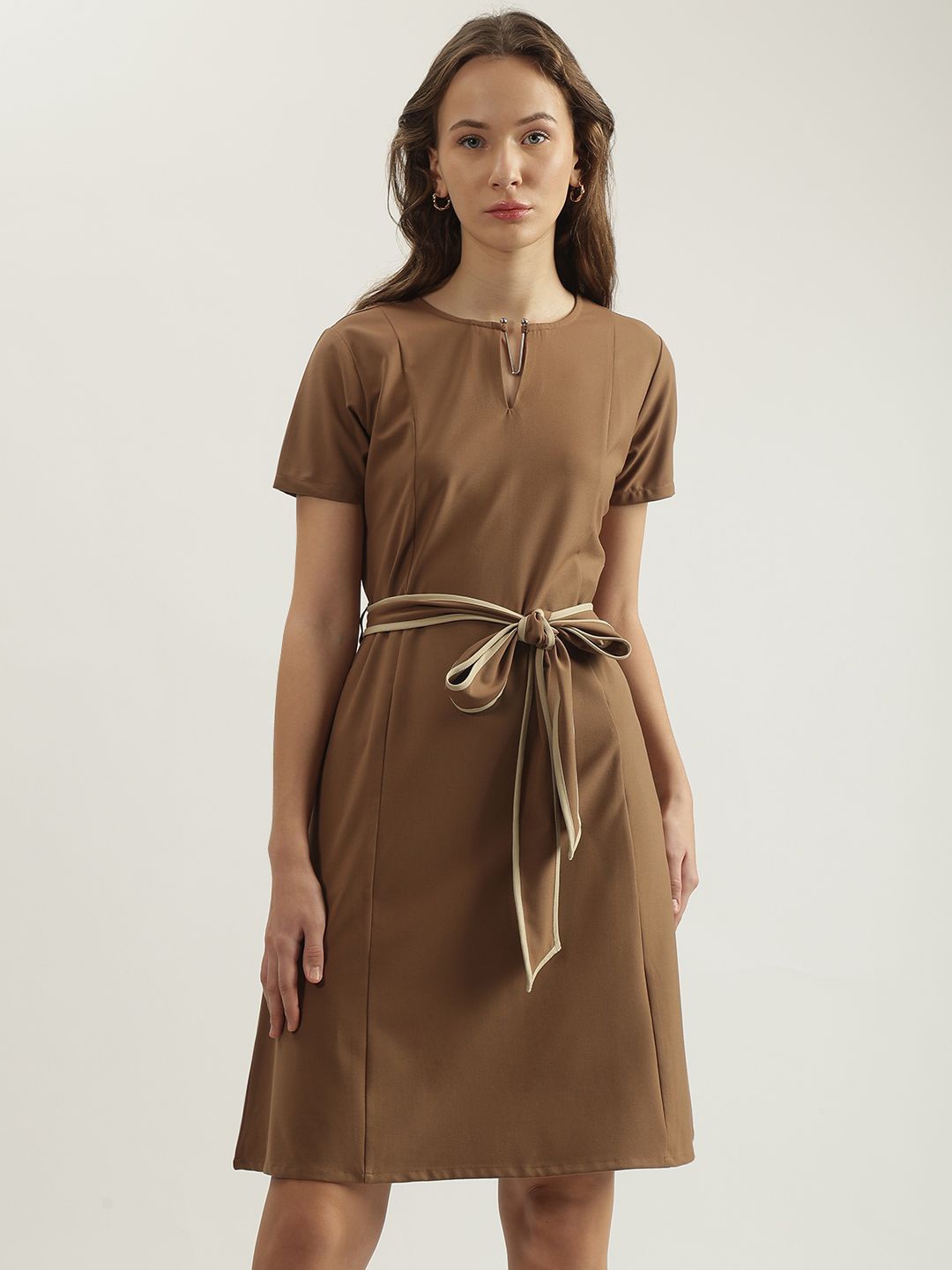 

Iconic Women Cotton A-Line Casual Midi Dress With Belt, Brown