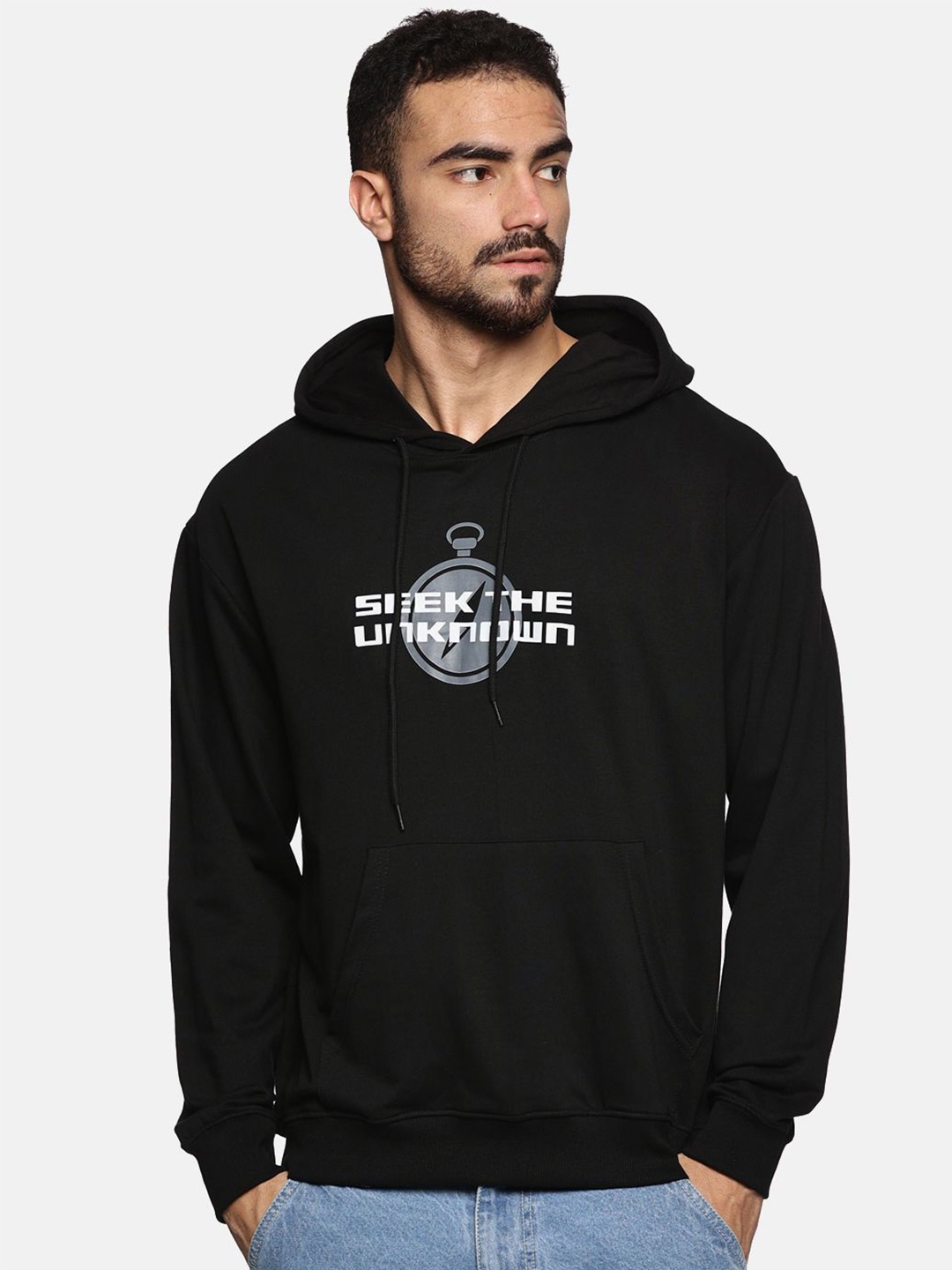 

Roadster Cotton Typography Printed Relaxed Fit Hooded Casual Sweatshirts, Black