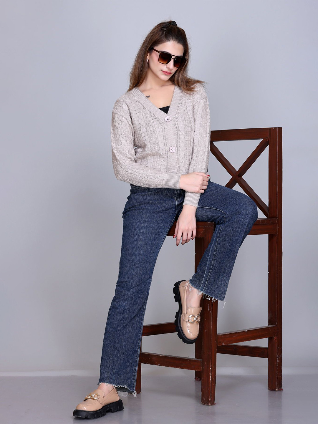 

Winter Wonders Women Cable Knit Woollen Crop Cardigan, Beige