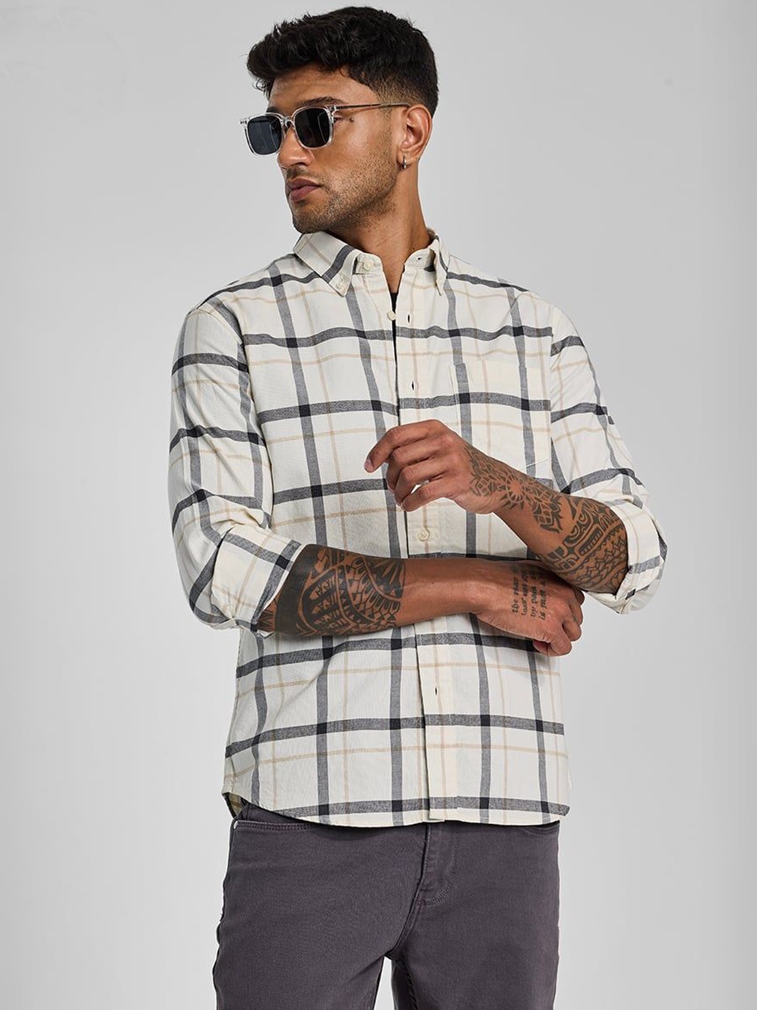 

Snitch Men Smart Button-Down Collar Tartan Checked Cotton Casual Shirt, White