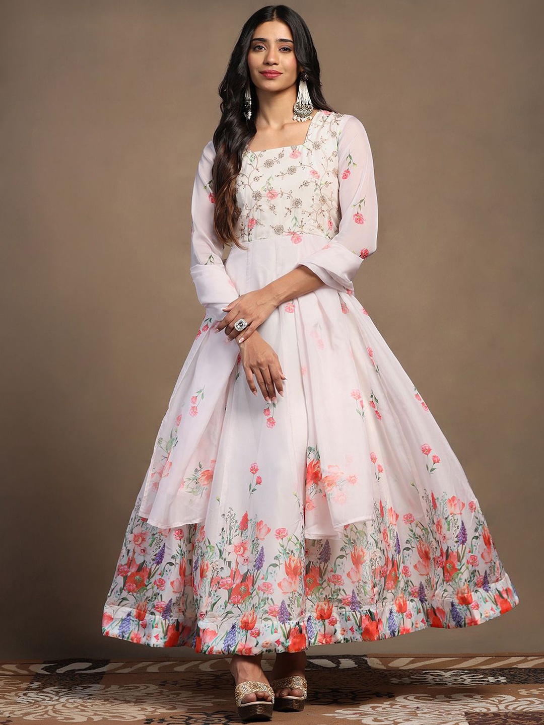 

BAESD Floral Printed Sequinned Anarkali Kurta with Trousers & Dupatta, Peach