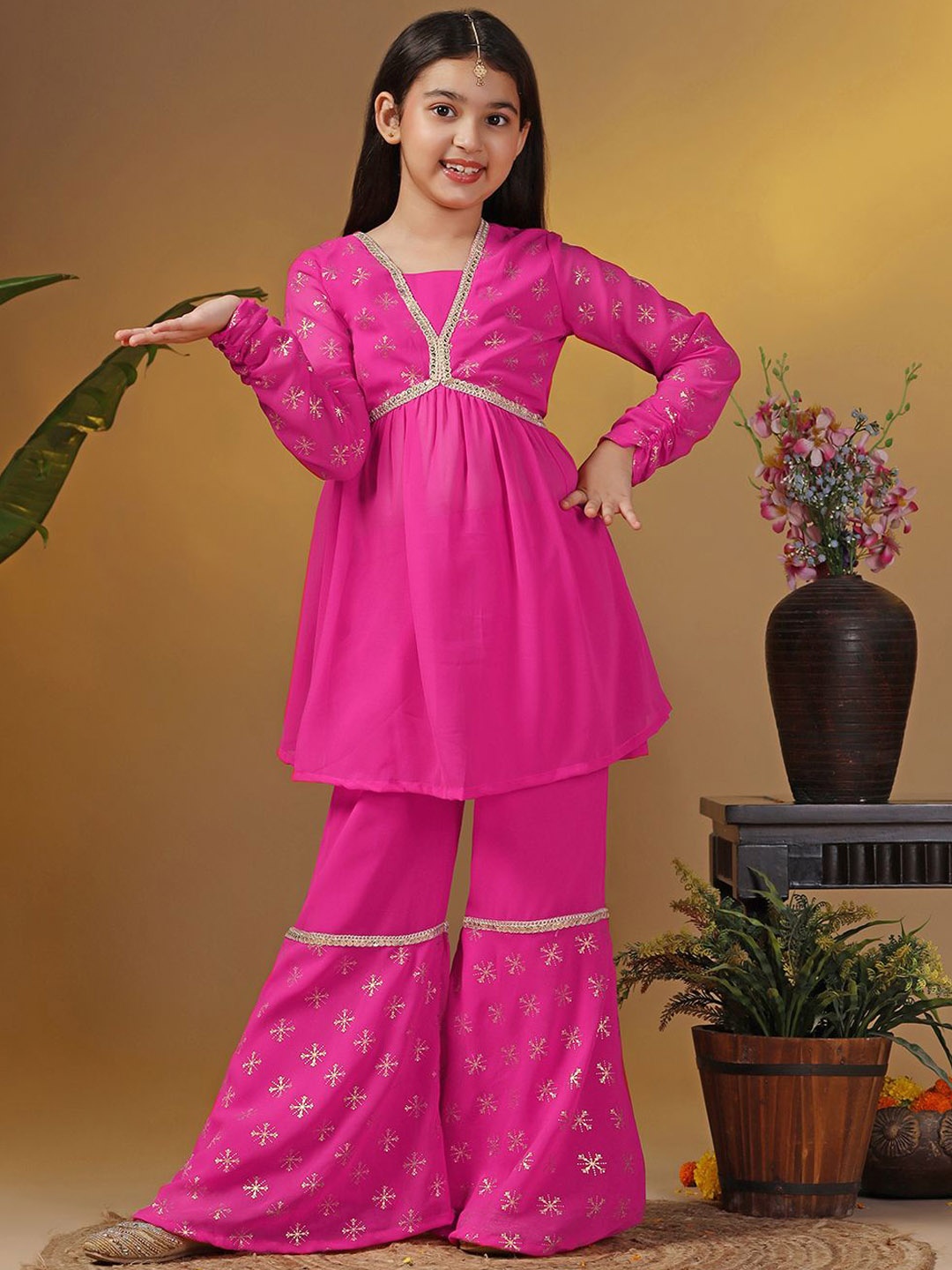 

BAESD Girls Ethnic Motifs Printed Georgette A-Line Kurta With Sharara, Pink