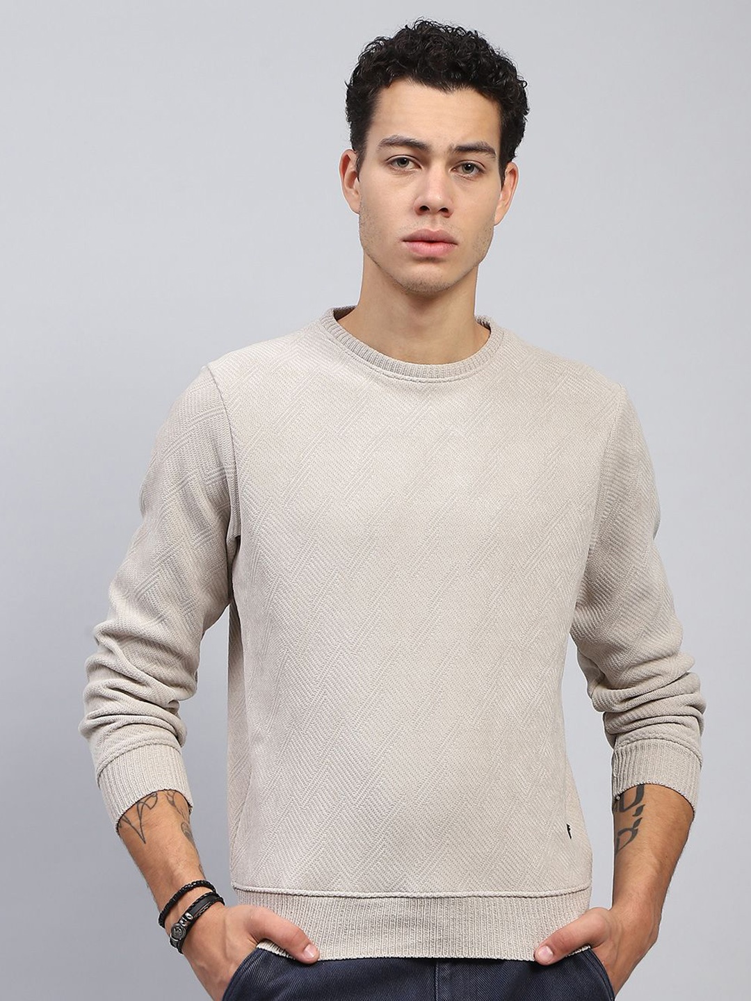 

Monte Carlo Men Solid Cotton Sweatshirt, Beige