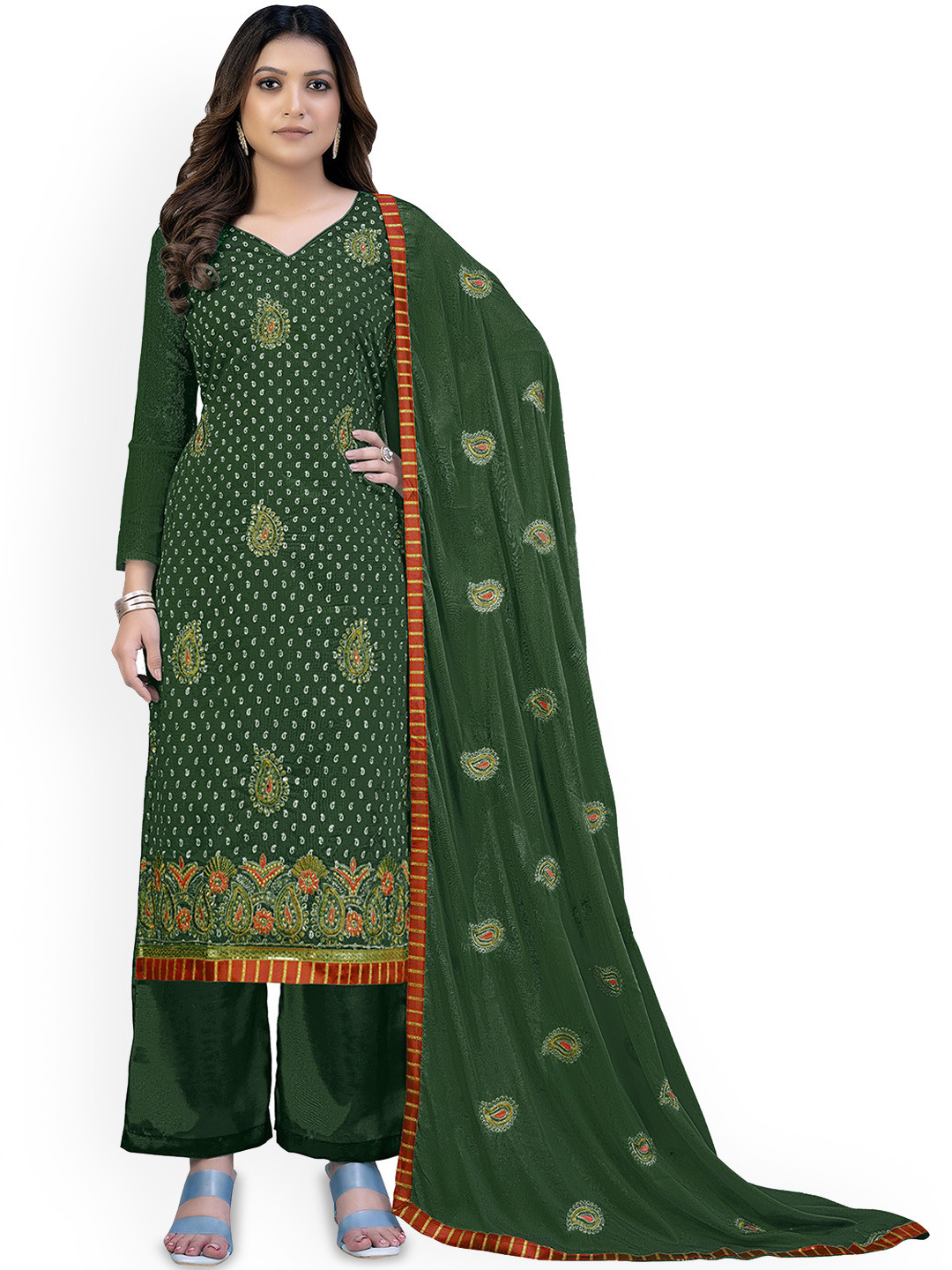 

Maroosh Floral Printed Unstitched Dress Material, Green