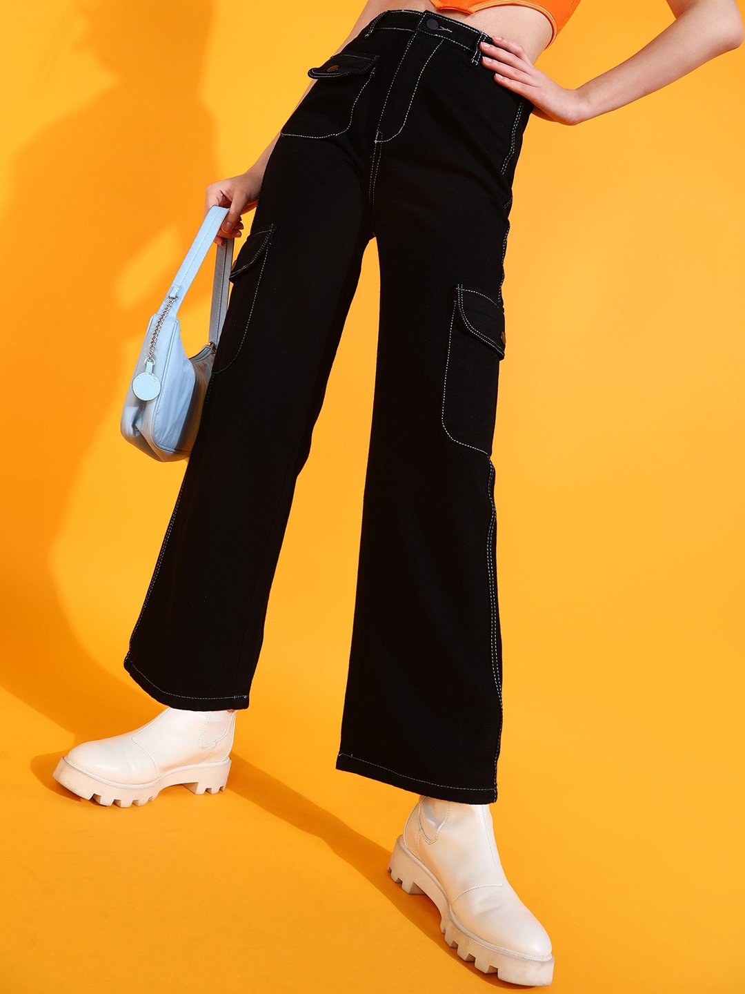 

SHECZZAR Women Slim Fit Clean Look Cotton Jeans, Black