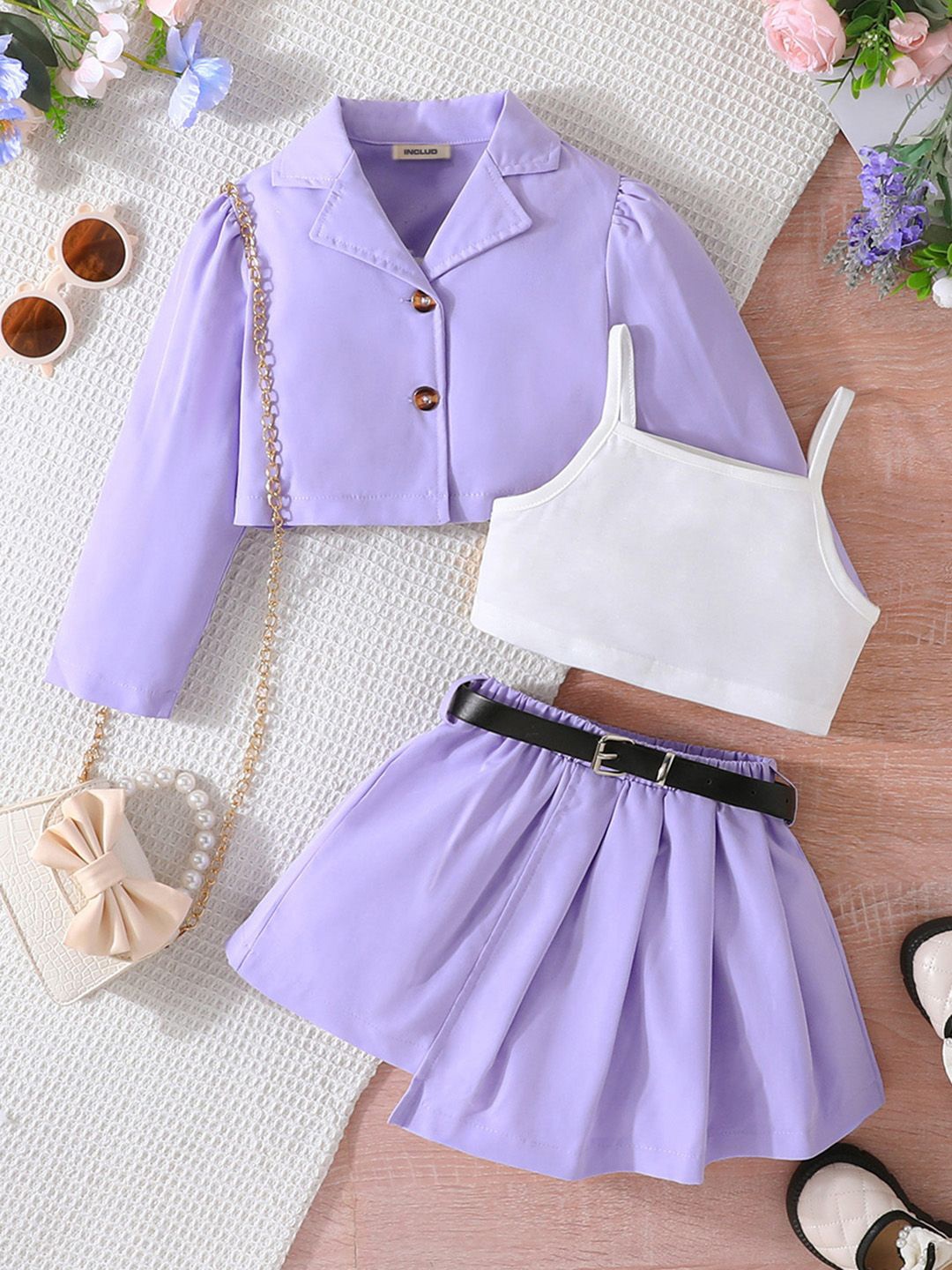 

INCLUD Girls Lapel Collar Long Sleeves Coat With Skirt With Camisole Top, Purple