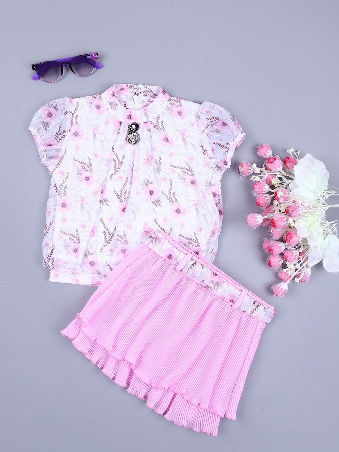 

V-Mart Girls Printed Printed High Neck Short Sleeves Top with Skirt, White