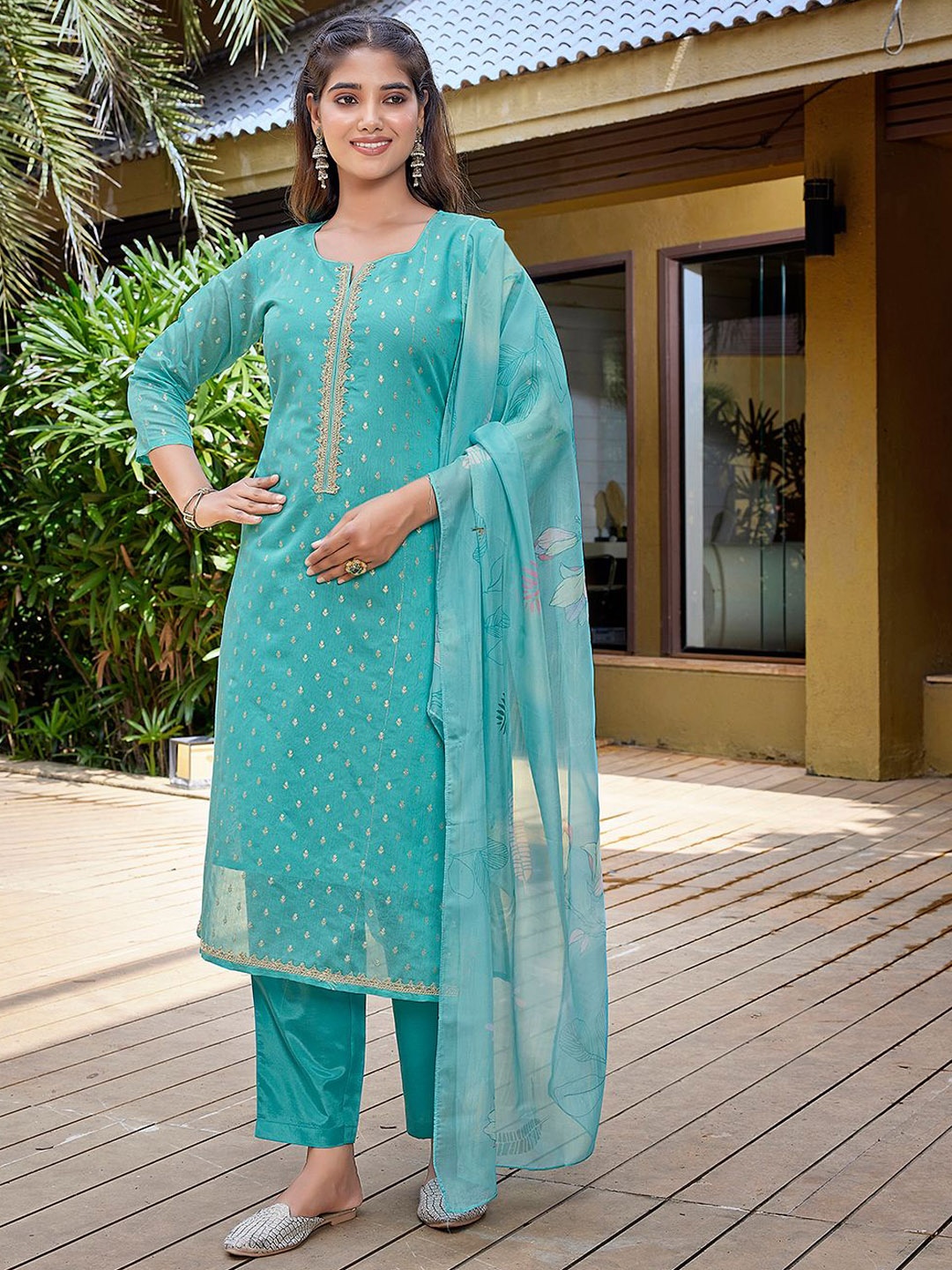 

Royal Export Ethnic Motifs Woven Design Gotta Patti Straight Kurta With Trouser & Dupatta, Green