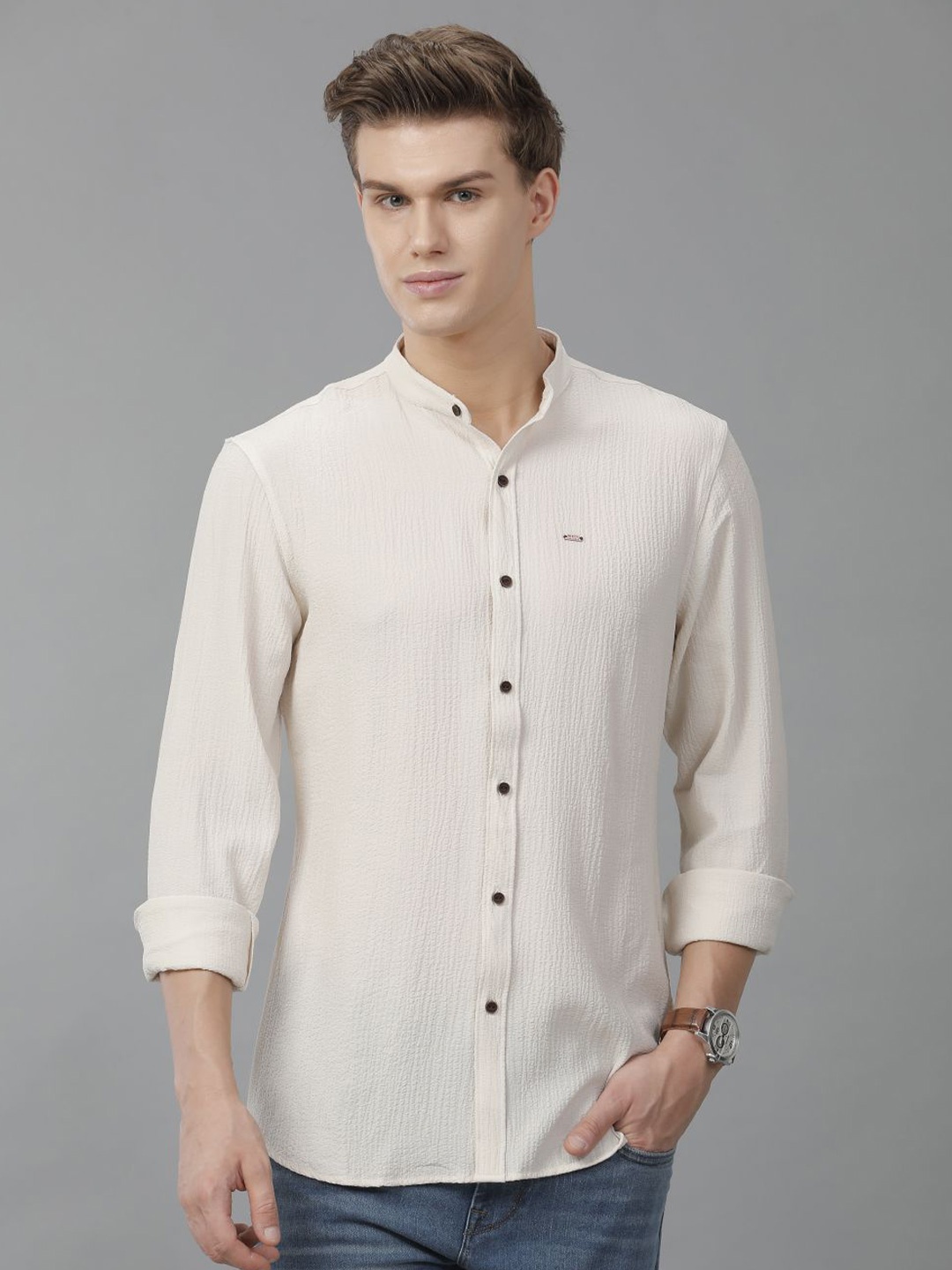 

IDENTITI Men Band Collar Solid Slim Fit Casual Shirt, Beige