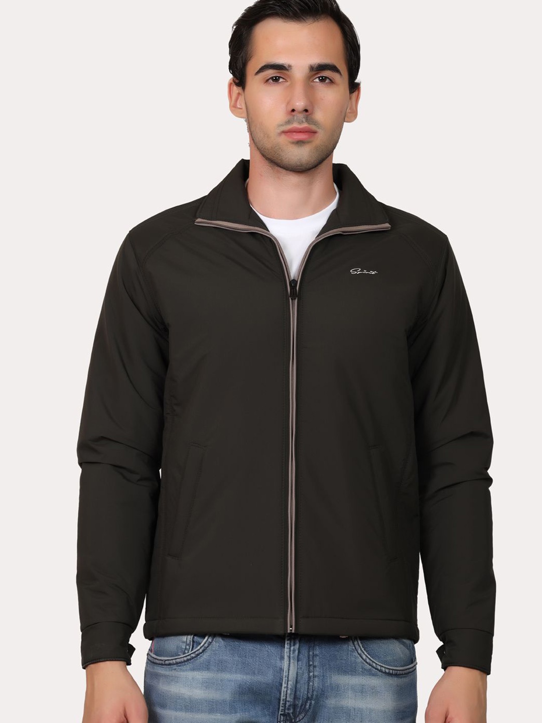 

Spirit Men Mock Collar Solid Casual Tailored Jacket, Olive