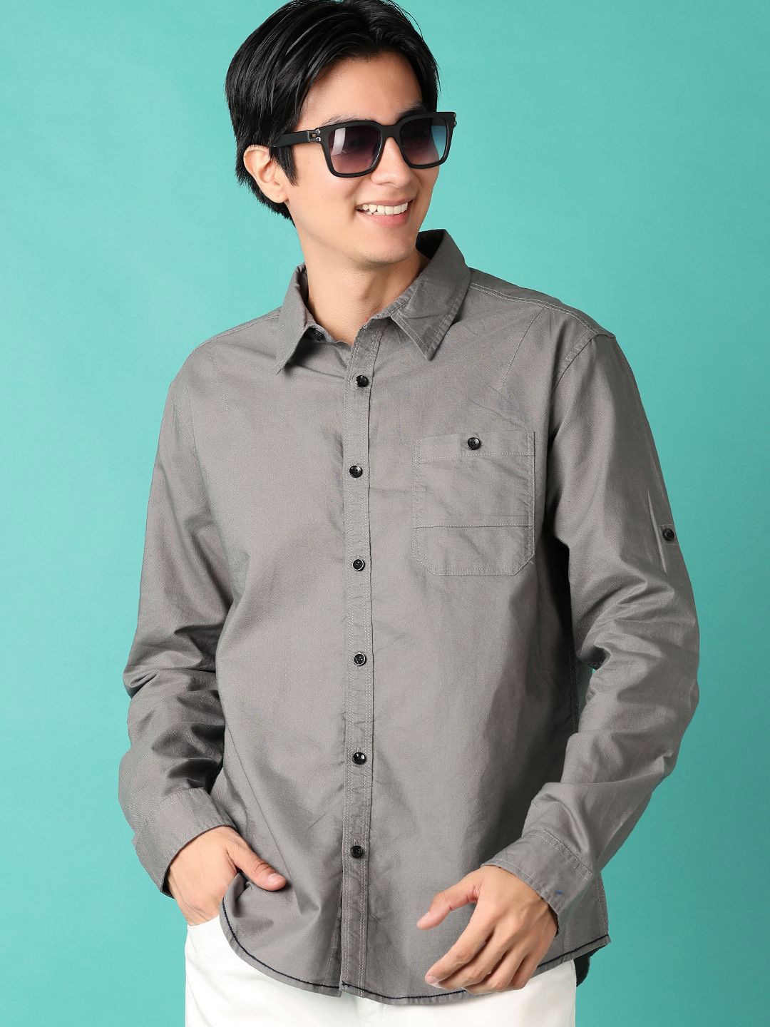 

V-Mart Men Spread Collar Solid Cotton Casual Shirt, Grey