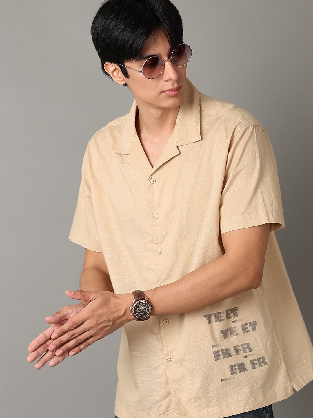 

V-Mart Men Cuban Collar Typography Printed Cotton Casual Shirt, Beige
