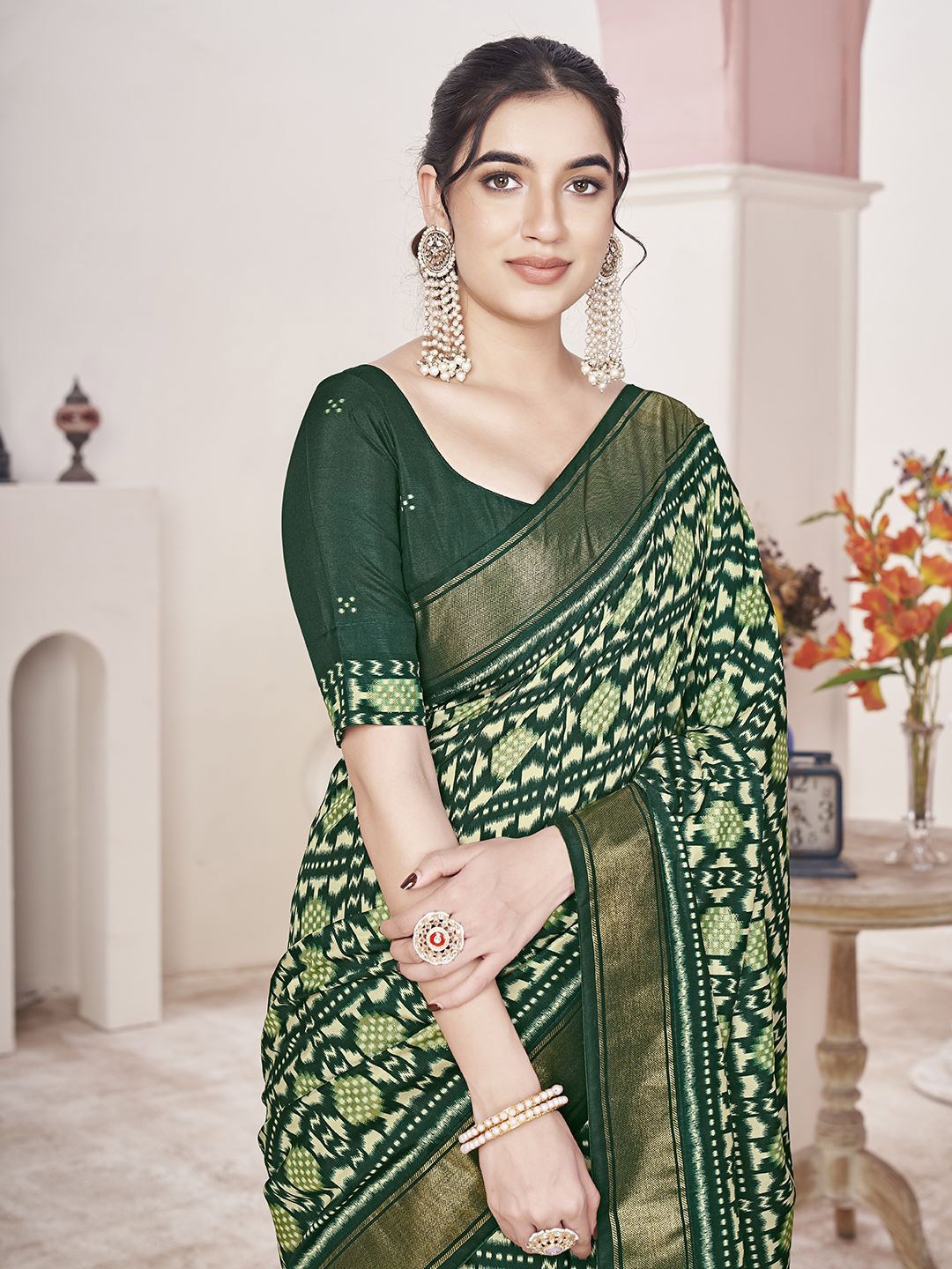

Ethnielle Ethnic Motifs Printed Zari Pure Silk Block Print Saree, Green