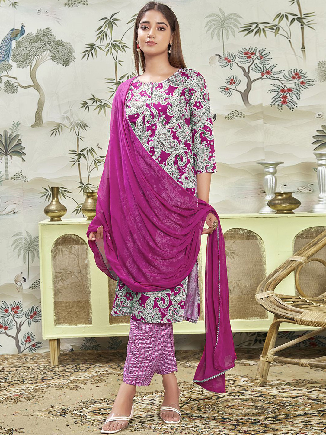 

KALINI Paisley Printed Straight Kurta With Trouser & Dupatta, Magenta